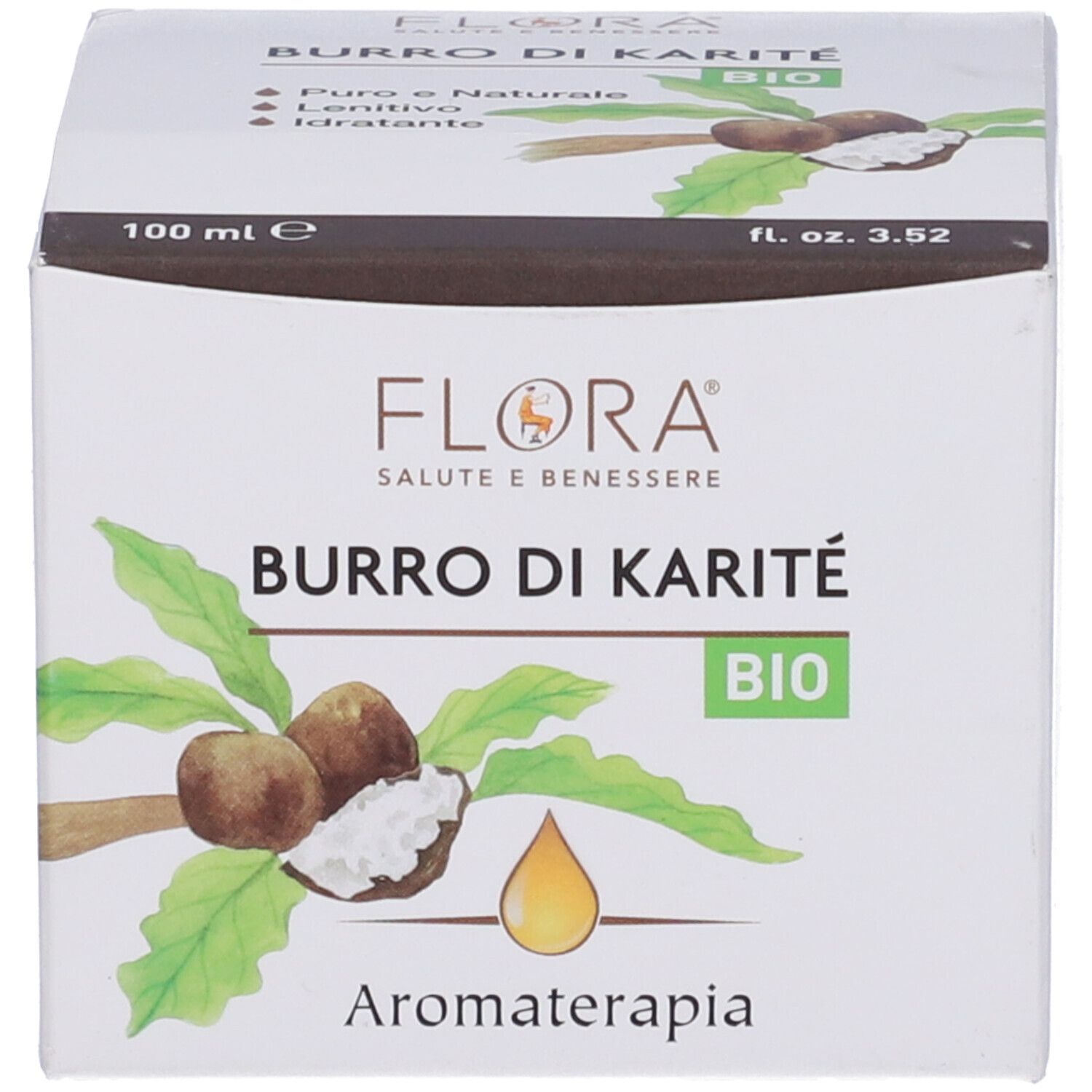 Scatola. Scritta: Burro di Karité Bio, Aromaterapia. Immagine di noci di karité. 100 ml.