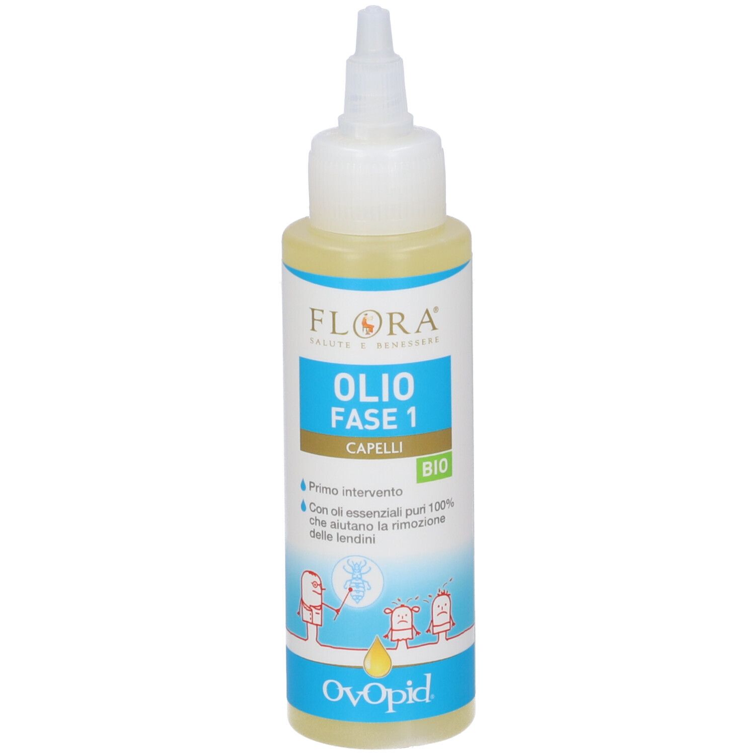 Olio Fase 1 Capelli Bio. Flacone bianco con applicatore. Marchio: Ovopid. Contiene testo e illustrazioni.