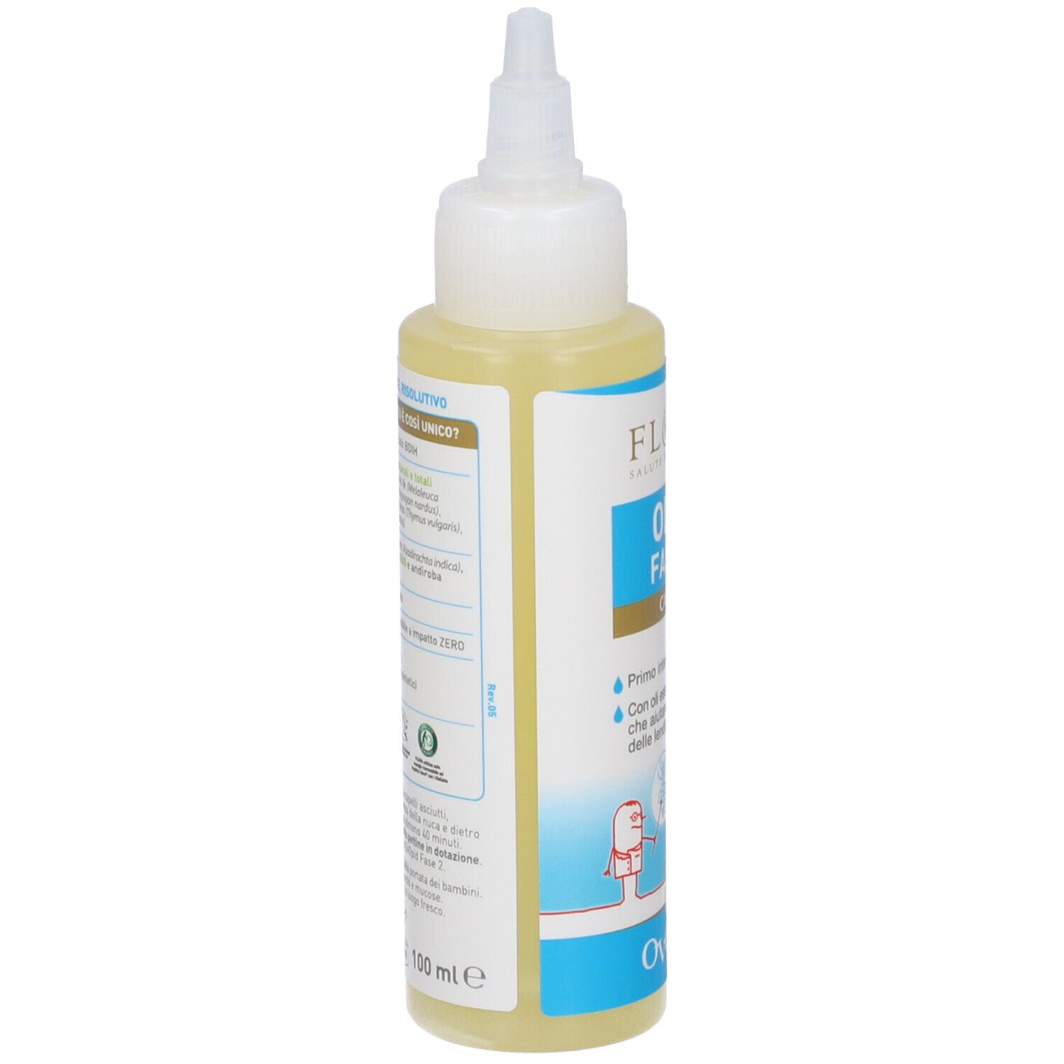 Olio Fase 1 Capelli Bio. Flacone bianco con applicatore. Marchio: Ovopid. Contiene testo e illustrazioni.