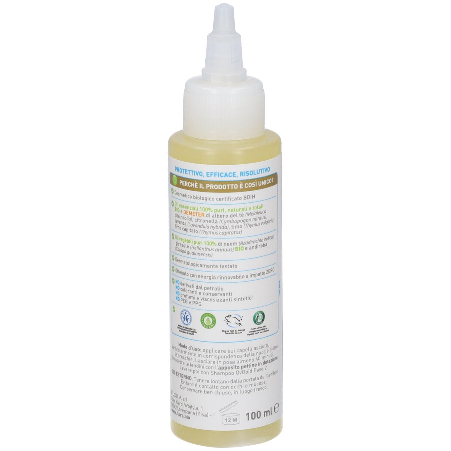 Olio Fase 1 Capelli Bio. Flacone bianco con applicatore. Marchio: Ovopid. Contiene testo e illustrazioni.