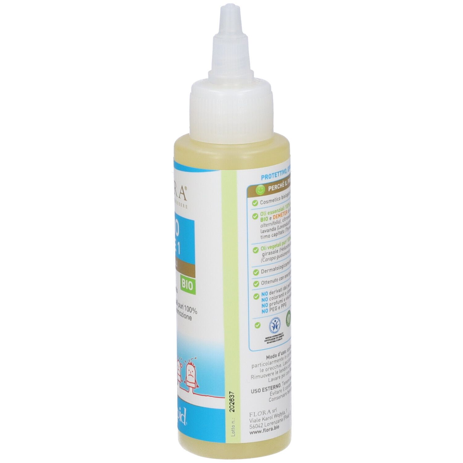 Olio Fase 1 Capelli Bio. Flacone bianco con applicatore. Marchio: Ovopid. Contiene testo e illustrazioni.
