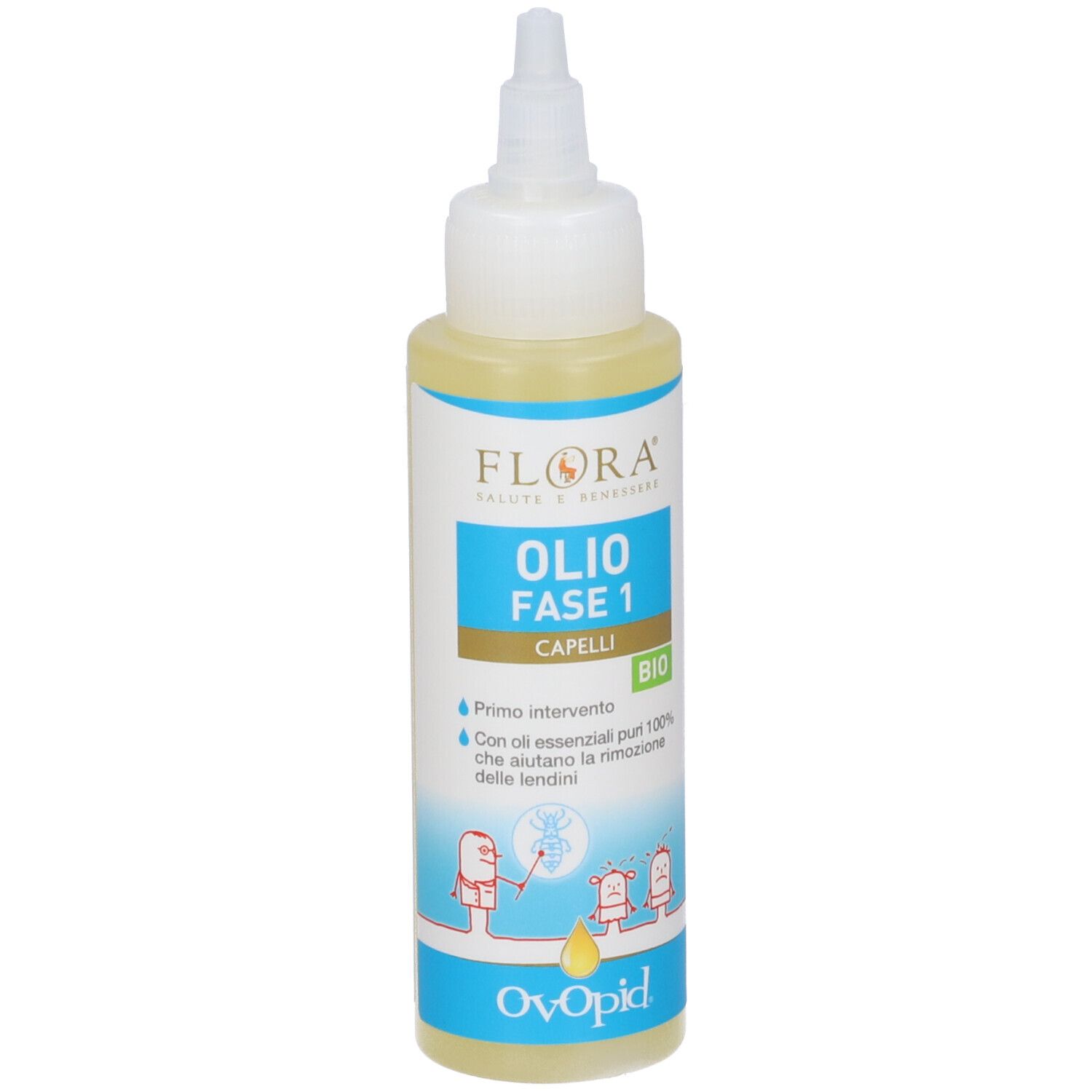 Olio Fase 1 Capelli Bio. Flacone bianco con applicatore. Marchio: Ovopid. Contiene testo e illustrazioni.