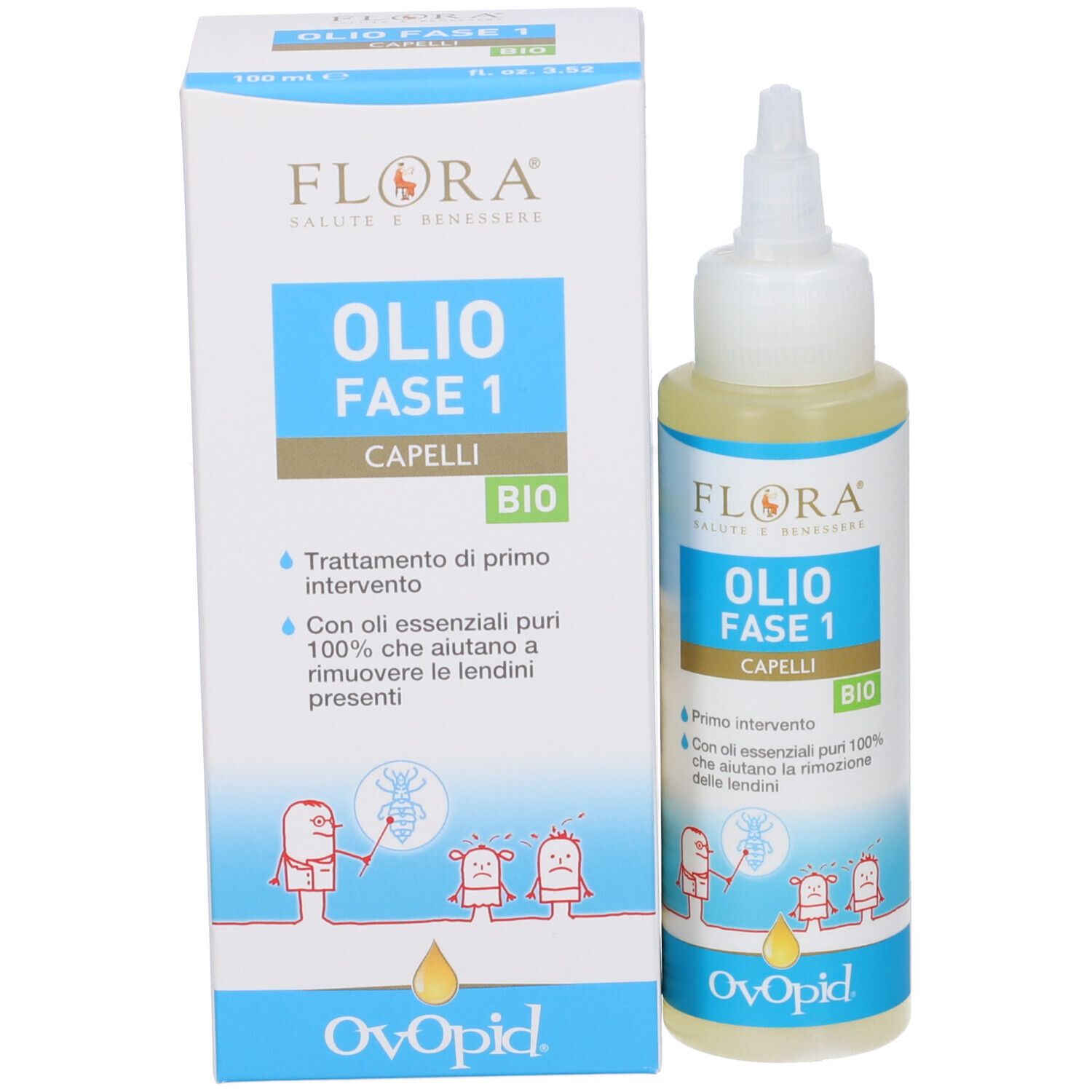 Olio Fase 1 Capelli Bio e confezione. Contiene testo e illustrazioni. Marchio: Ovopid.