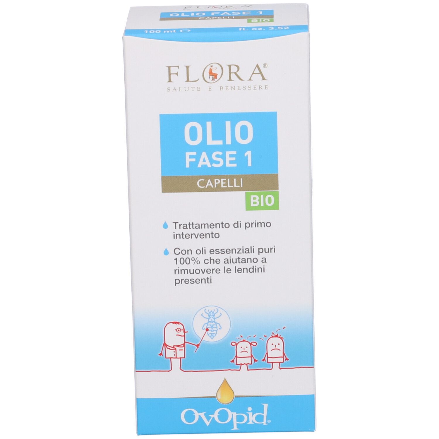 Olio Fase 1 Capelli Bio e confezione. Contiene testo e illustrazioni. Marchio: Ovopid.