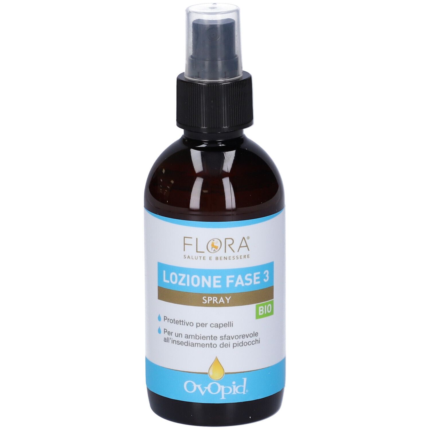 Flacone spray marrone con erogatore nero. Scritta: FLORA, Lozione Fase 3 Spray, Bio. Sotto, Ovopid.