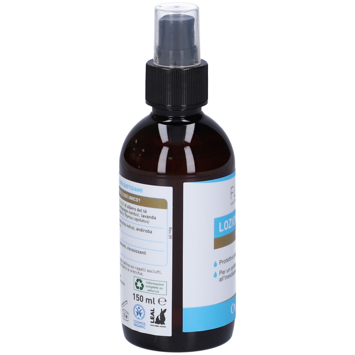 Flacone spray marrone con erogatore nero. Scritta: FLORA, Lozione Fase 3 Spray, Bio. Sotto, Ovopid.