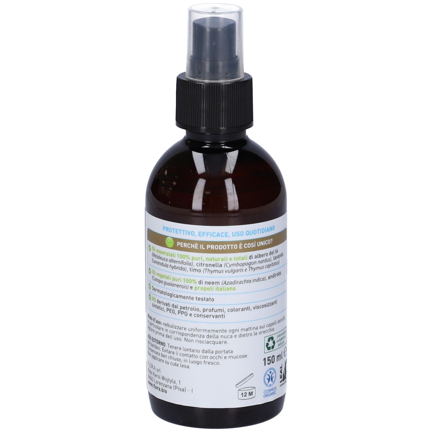 Flacone spray marrone con erogatore nero. Scritta: FLORA, Lozione Fase 3 Spray, Bio. Sotto, Ovopid.