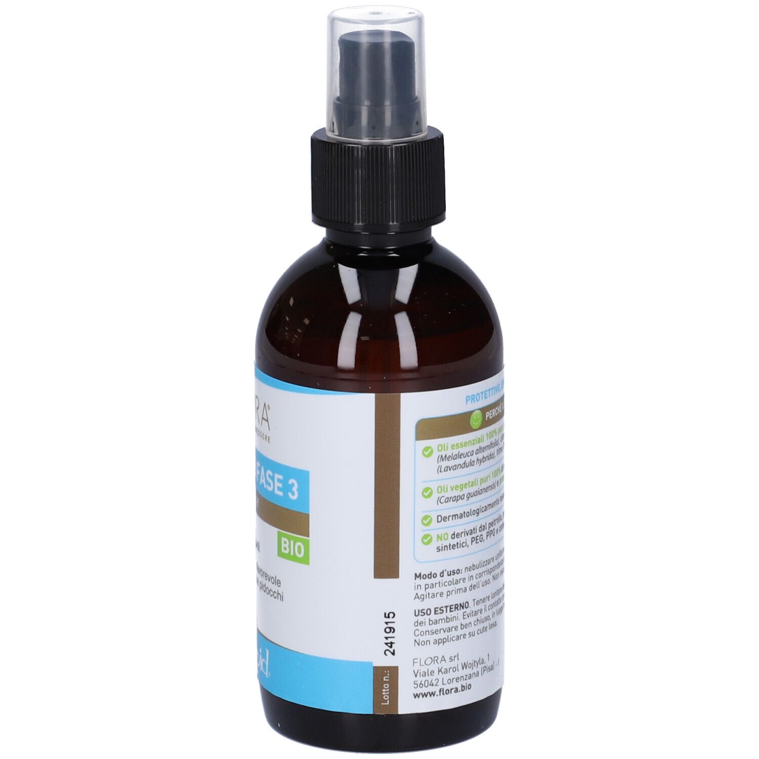 Flacone spray marrone con erogatore nero. Scritta: FLORA, Lozione Fase 3 Spray, Bio. Sotto, Ovopid.