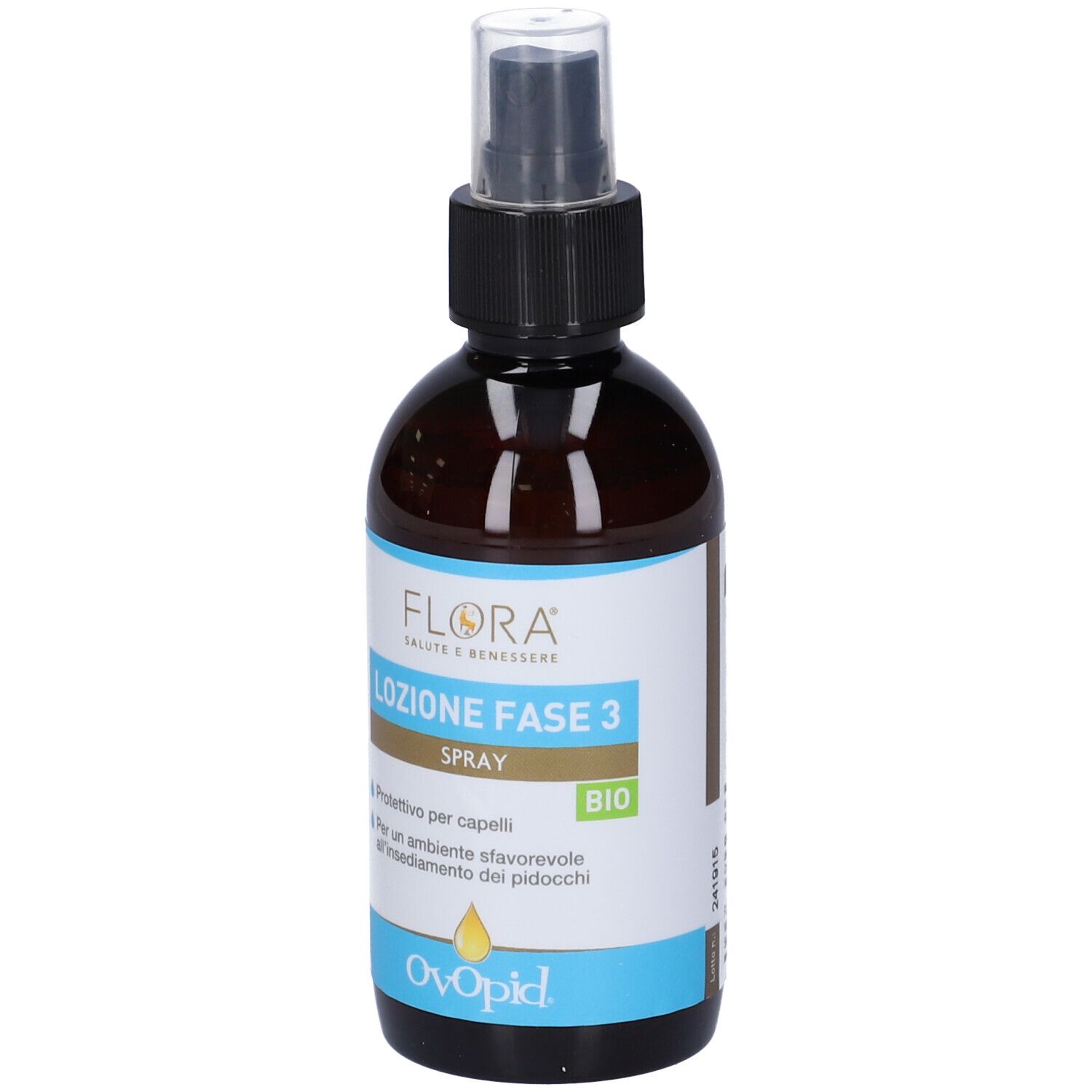 Flacone spray marrone con erogatore nero. Scritta: FLORA, Lozione Fase 3 Spray, Bio. Sotto, Ovopid.