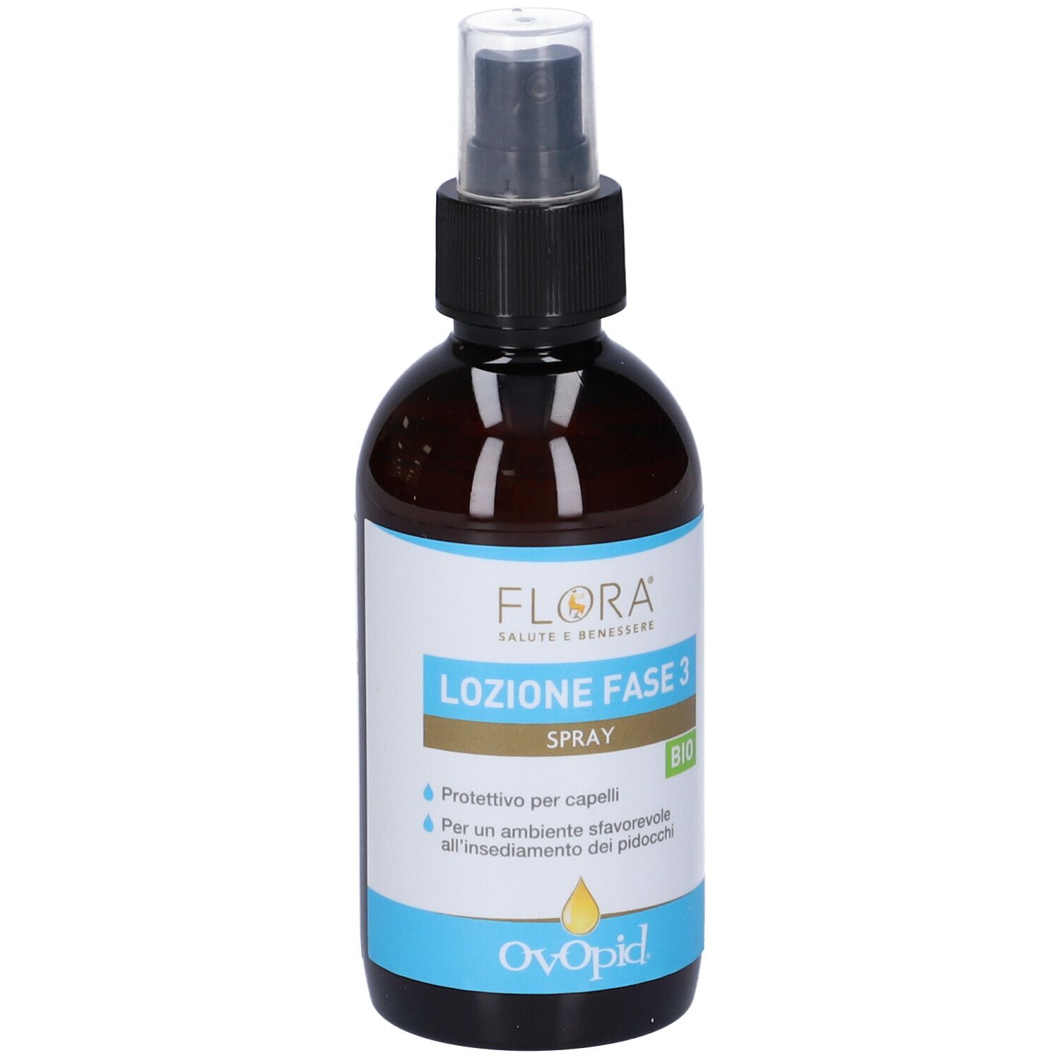 Flacone spray marrone con erogatore nero. Scritta: FLORA, Lozione Fase 3 Spray, Bio. Sotto, Ovopid.