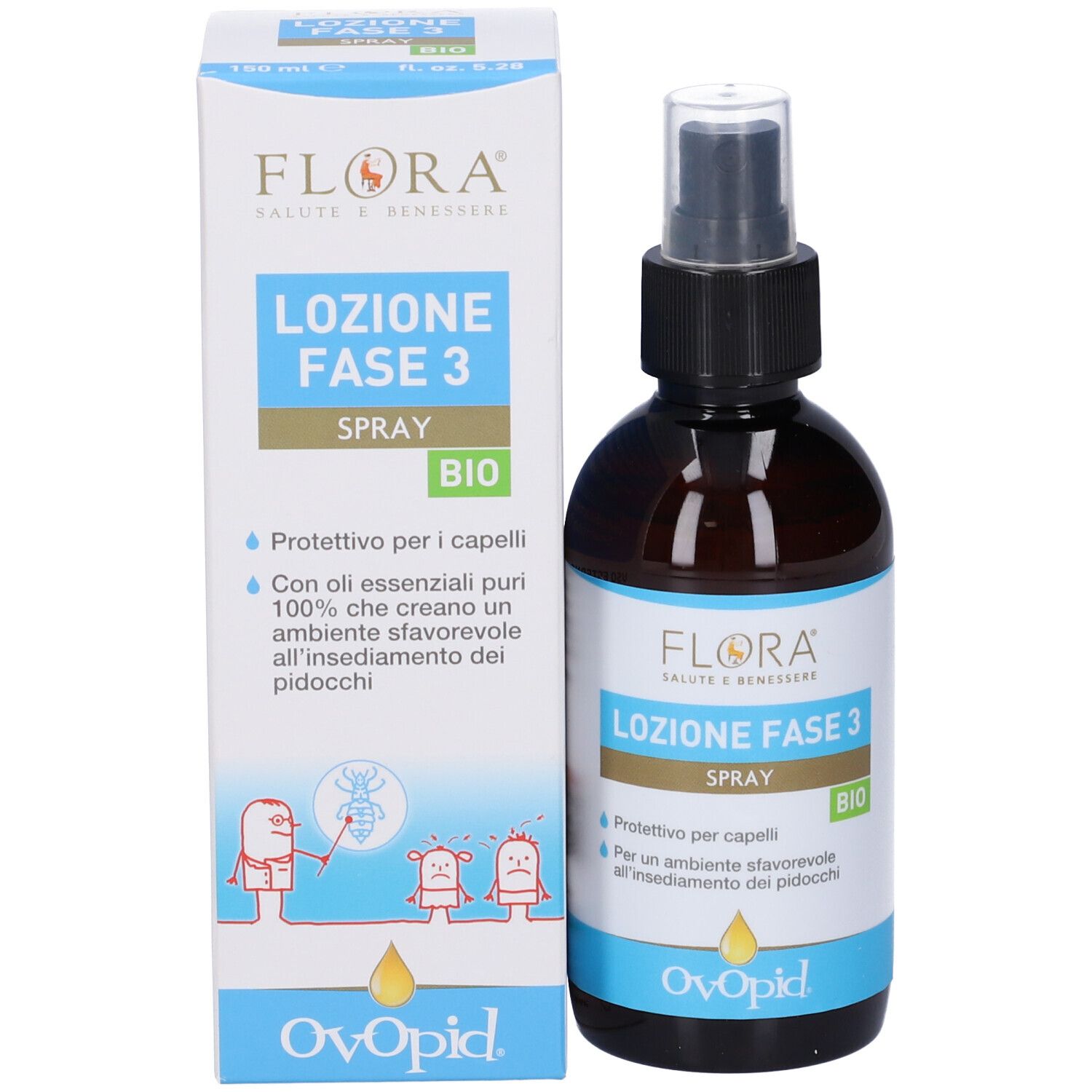 Flacone spray marrone e scatola. Scritta: FLORA, Lozione Fase 3 Spray, Bio. Sotto, Ovopid. Scatola con illustrazioni.