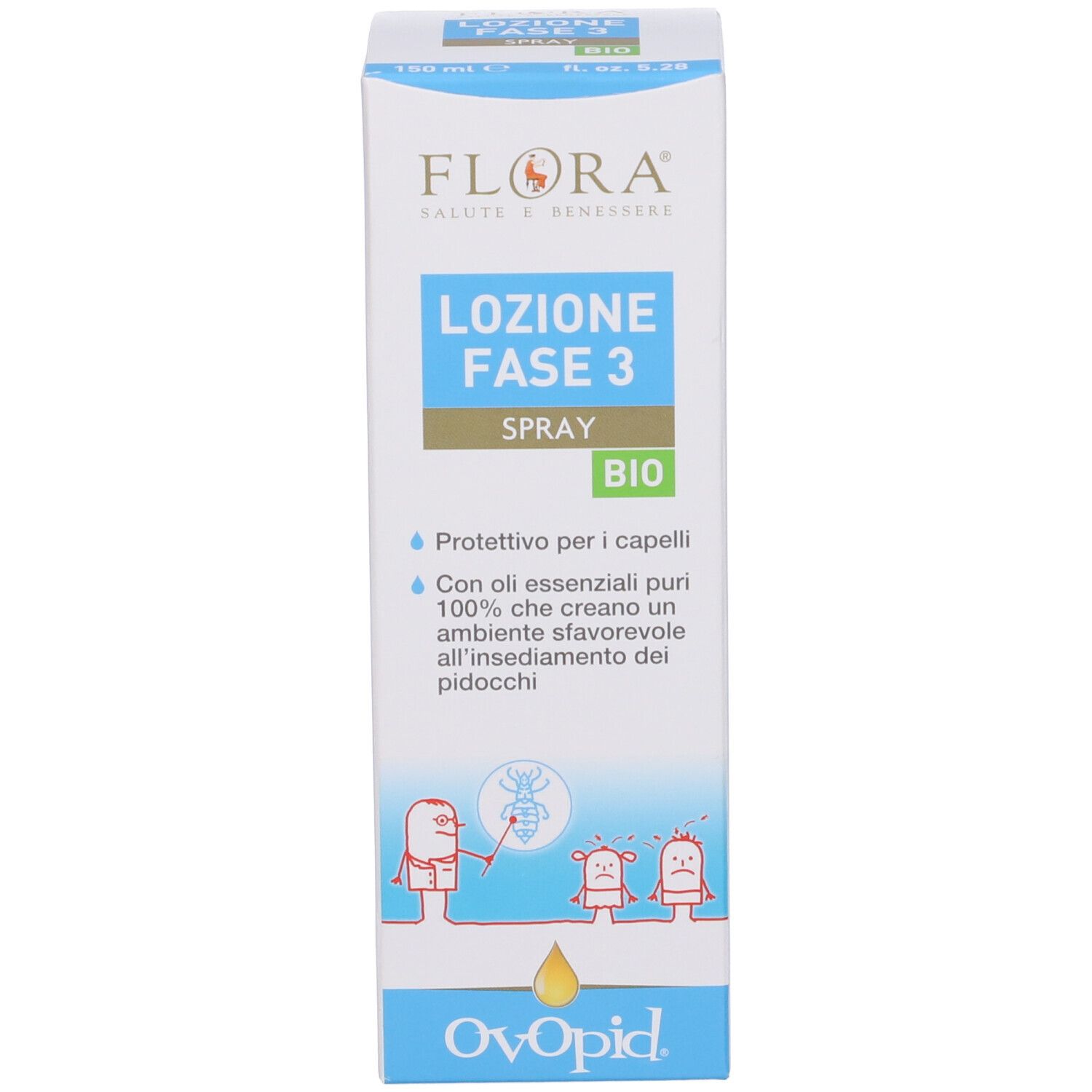 Scatola bianca con scritta: FLORA, Lozione Fase 3 Spray, Bio. Sotto, Ovopid. Illustrazioni di figure.