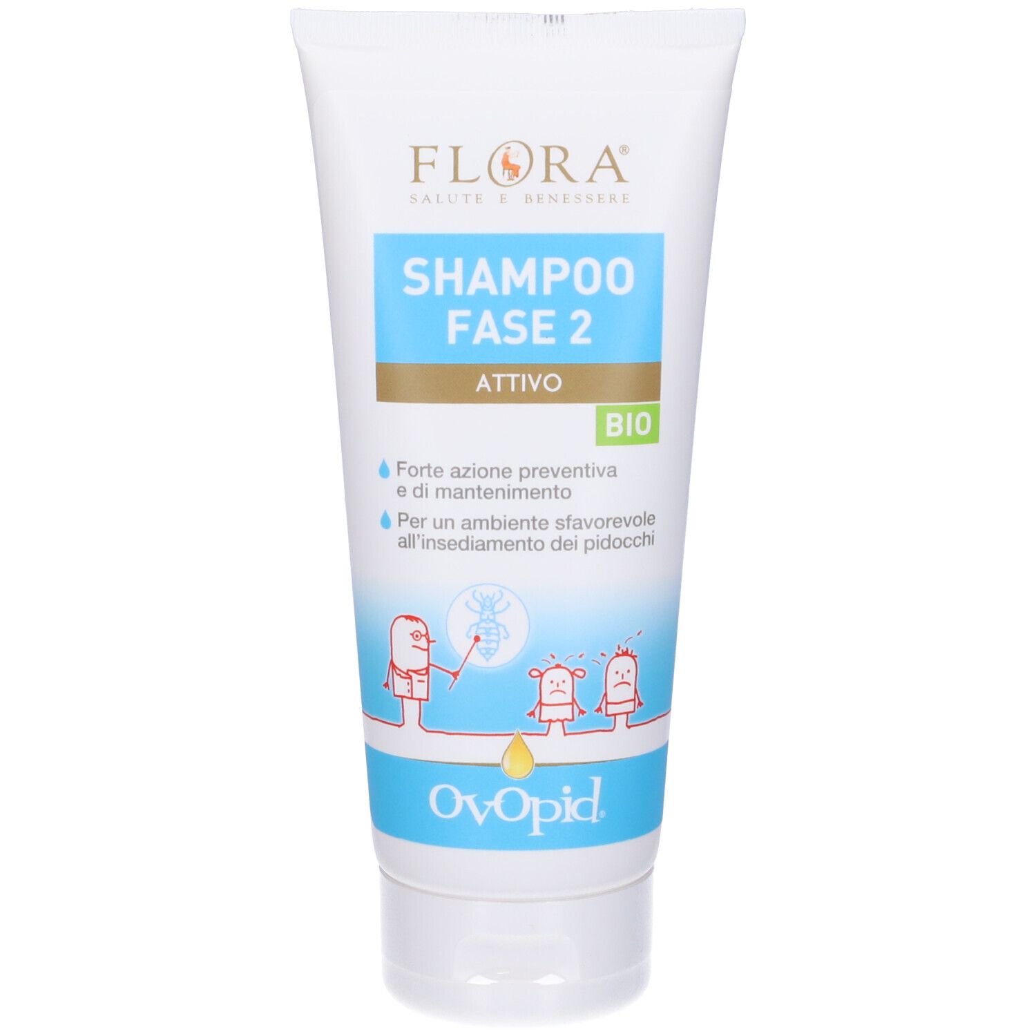 Tubo di shampoo. Scritta: Shampoo Fase 2, Ovopid. Illustrazioni di personaggi e insetti.