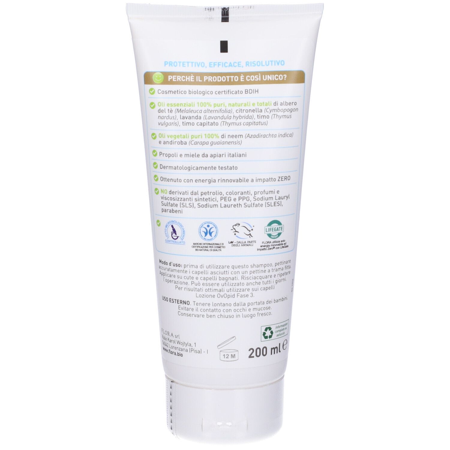 Retro del tubo di shampoo. Testo e loghi. Contiene informazioni sugli ingredienti e le certificazioni.