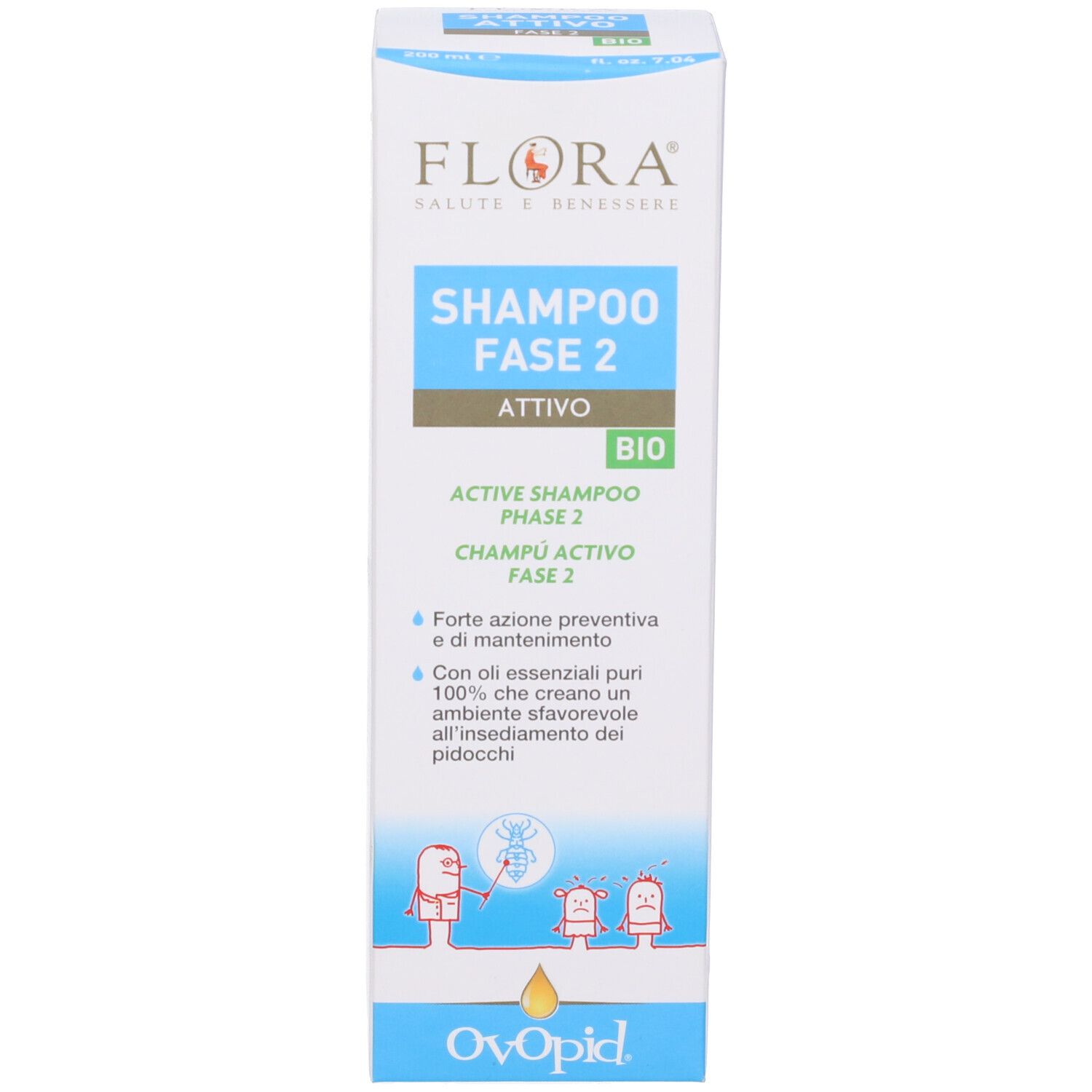 Scatola di shampoo. Scritta: Shampoo Fase 2, Ovopid. Illustrazioni di personaggi e insetti.