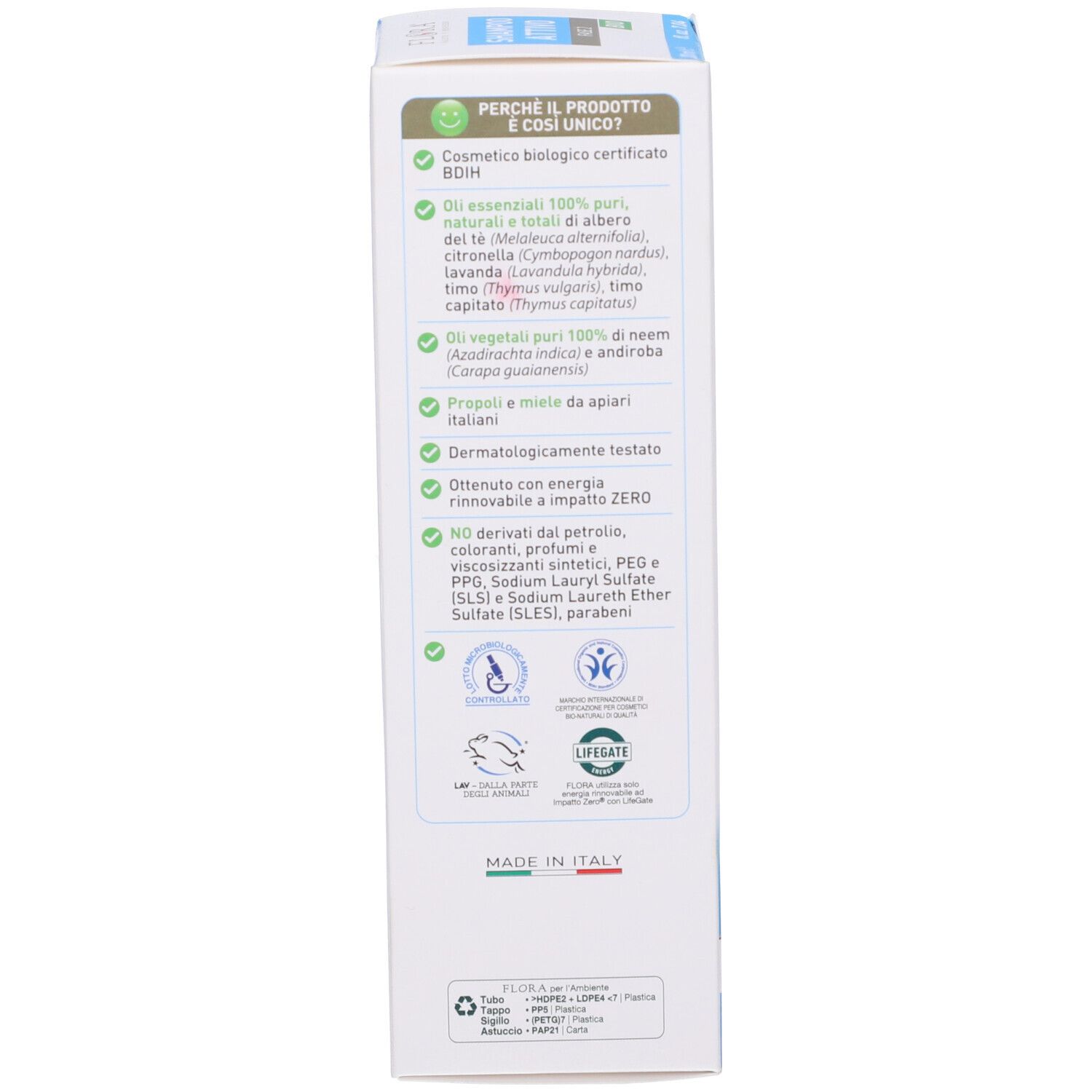 Retro della scatola di shampoo. Testo e loghi. Contiene informazioni sugli ingredienti e le certificazioni.