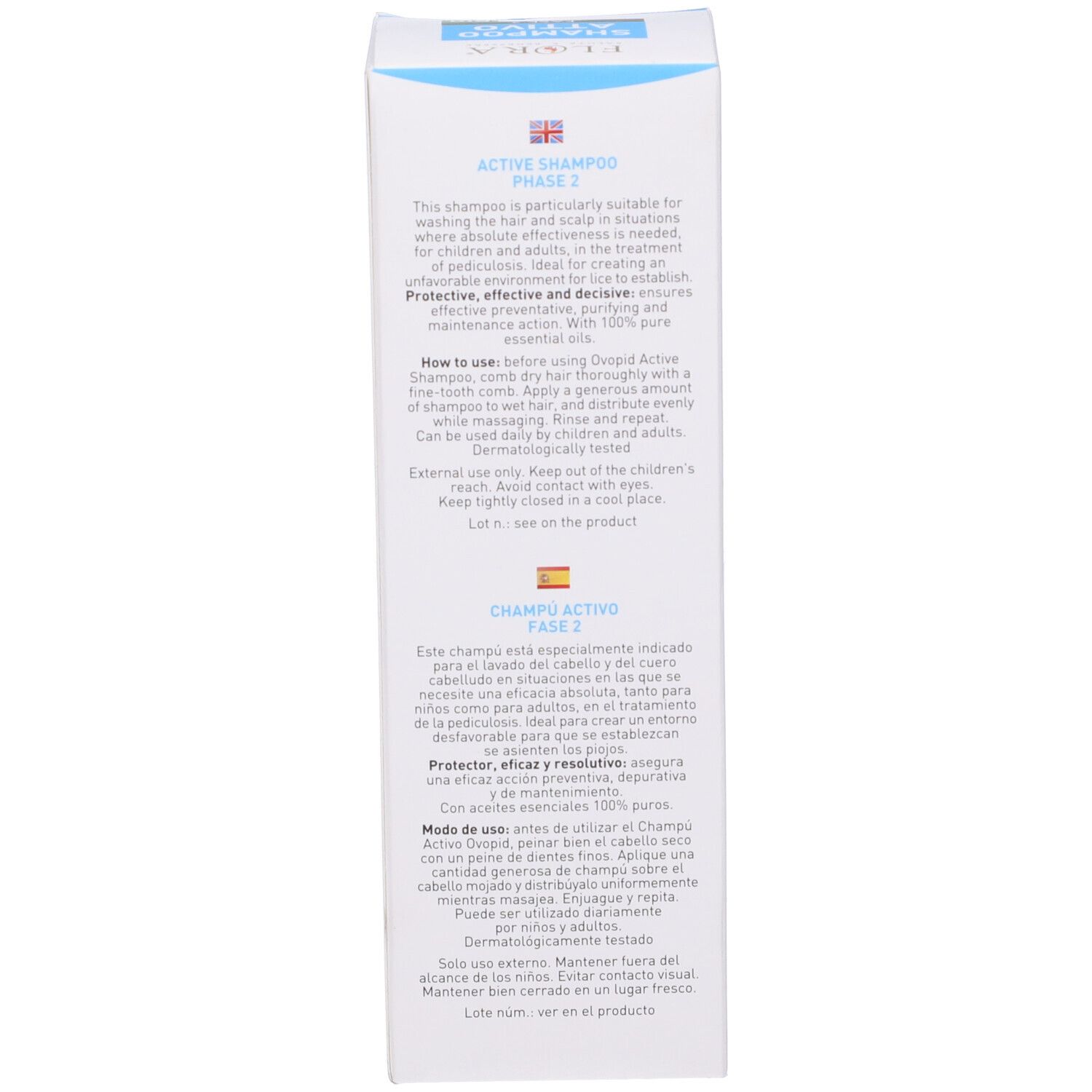 Lato della scatola di shampoo. Testo. Contiene informazioni sull'uso e gli ingredienti.