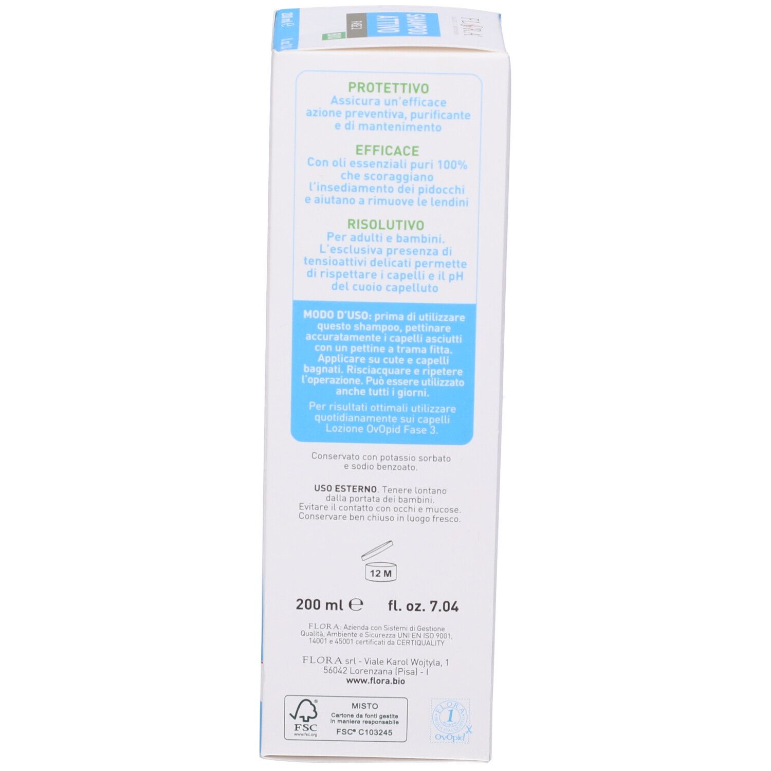 Retro della scatola di shampoo. Testo e loghi. Contiene informazioni sull'uso e gli ingredienti.