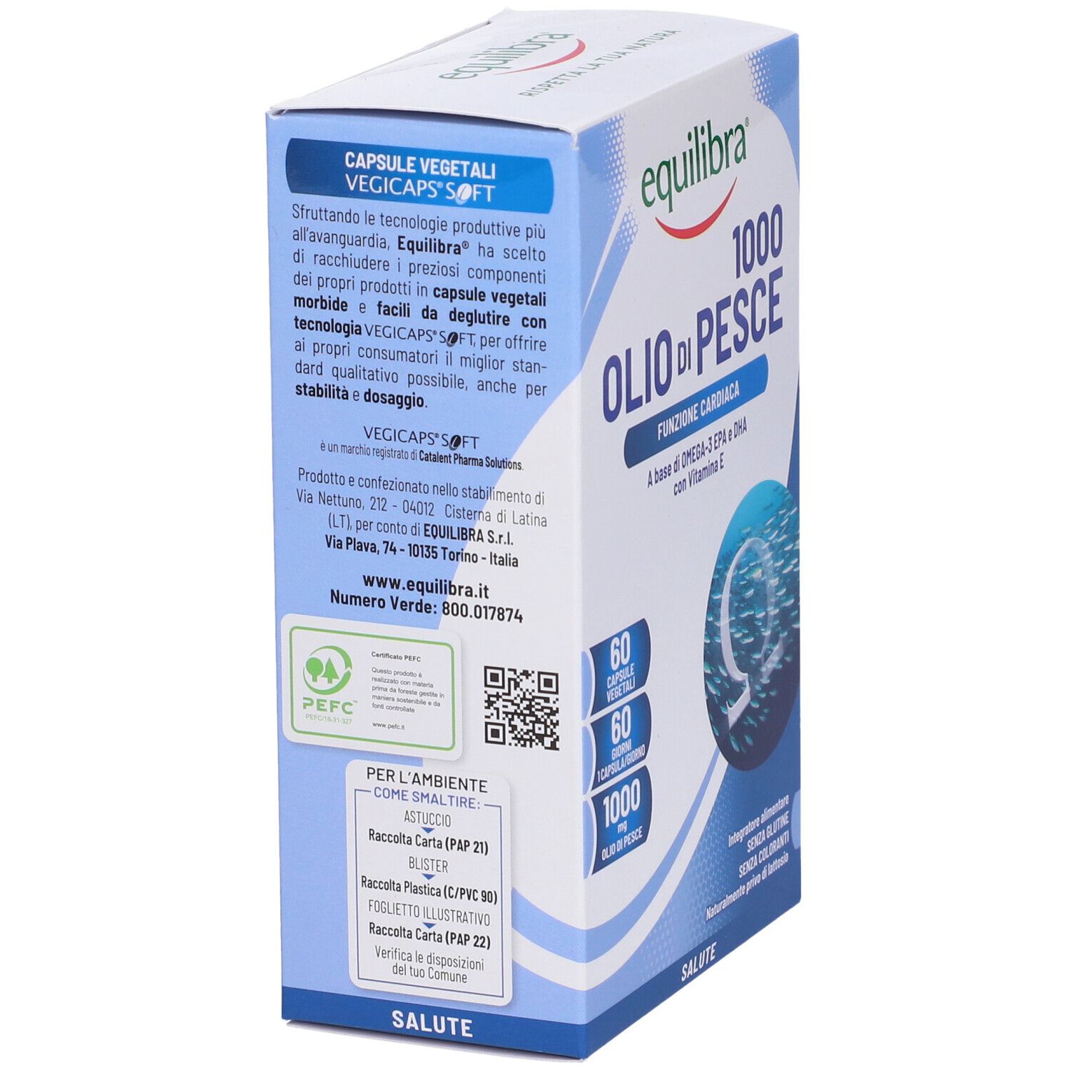 Lato della confezione di Equilibra® Olio di Pesce 1000. Informazioni sulle capsule e riciclo.