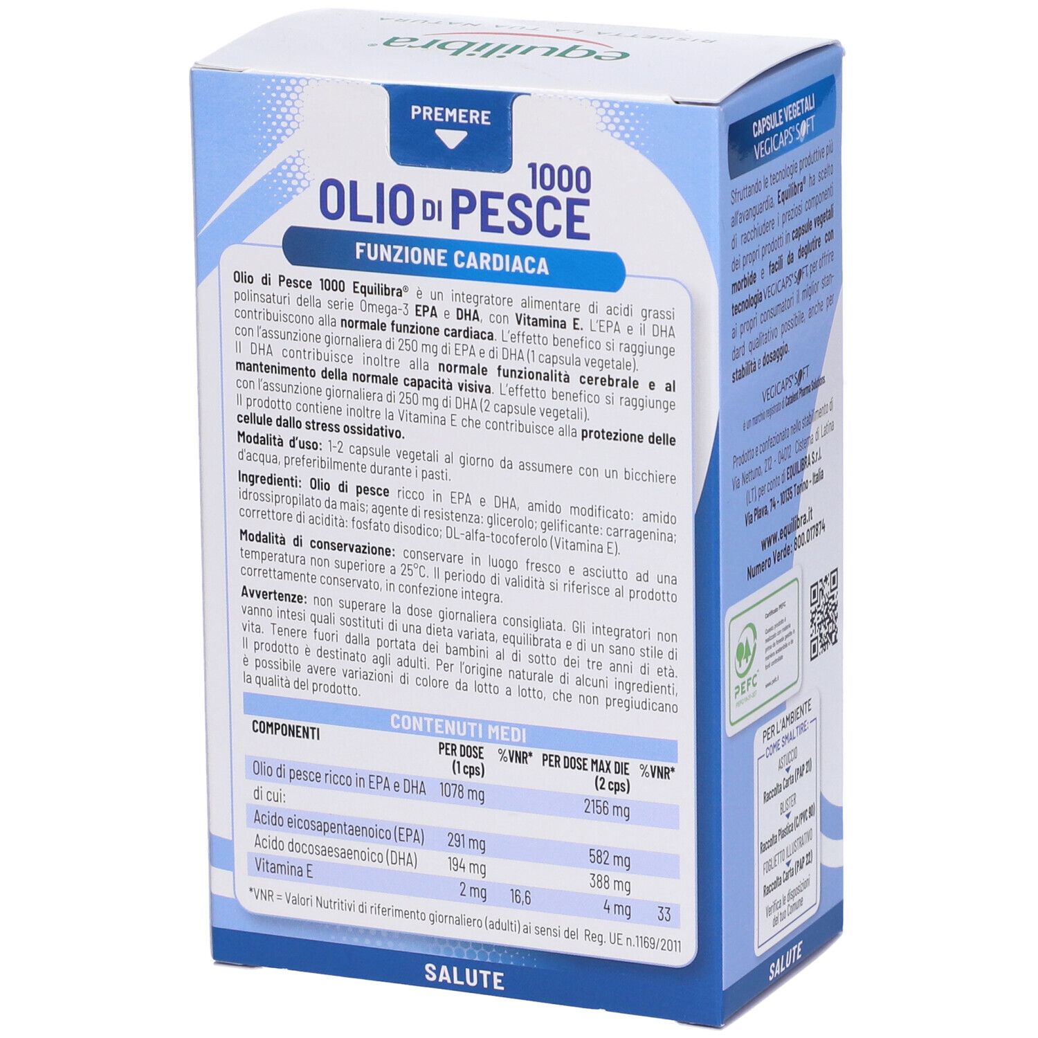Retro della confezione di Equilibra® Olio di Pesce 1000. Informazioni testuali e ingredienti.