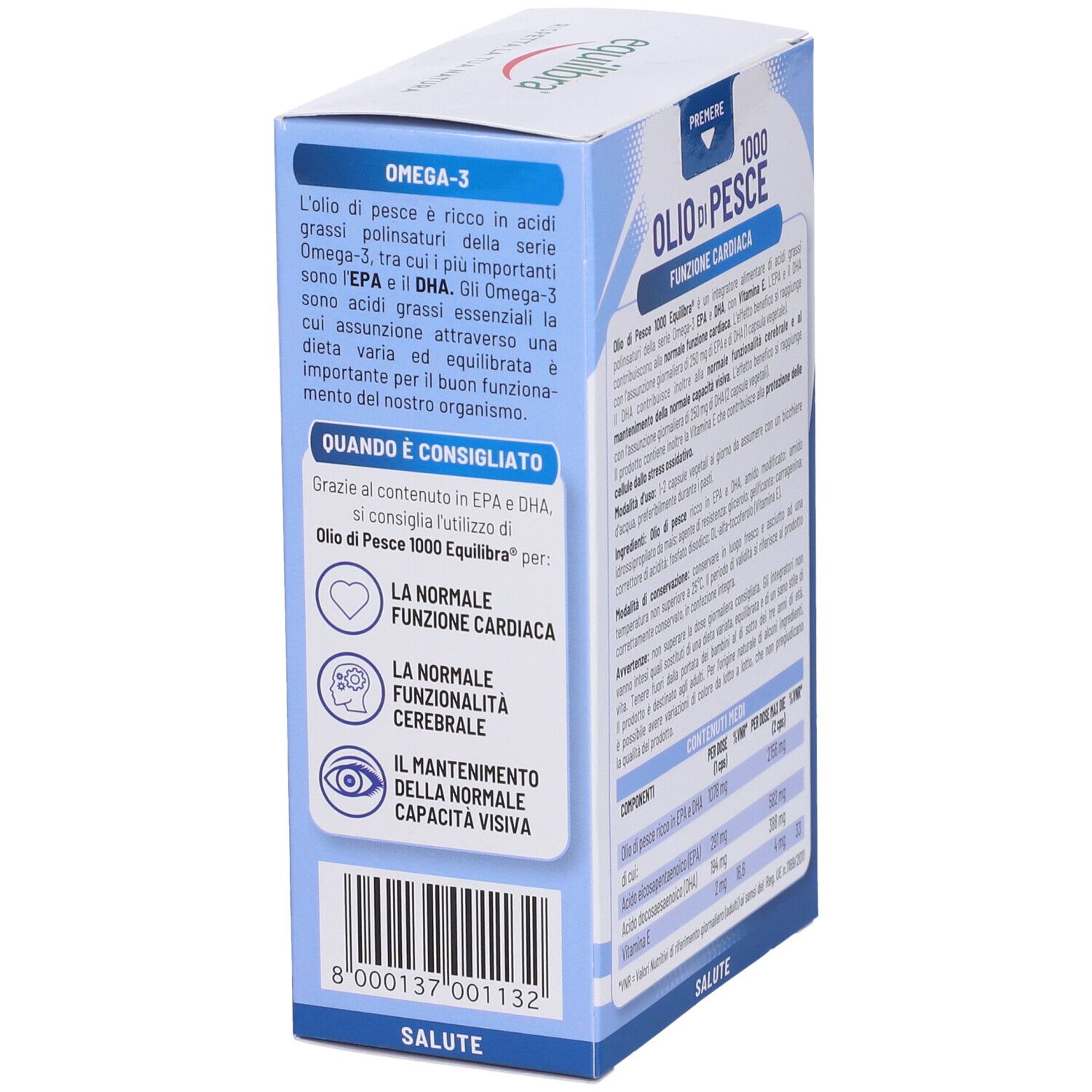 Lato della confezione di Equilibra® Olio di Pesce 1000. Informazioni su Omega-3 e indicazioni.
