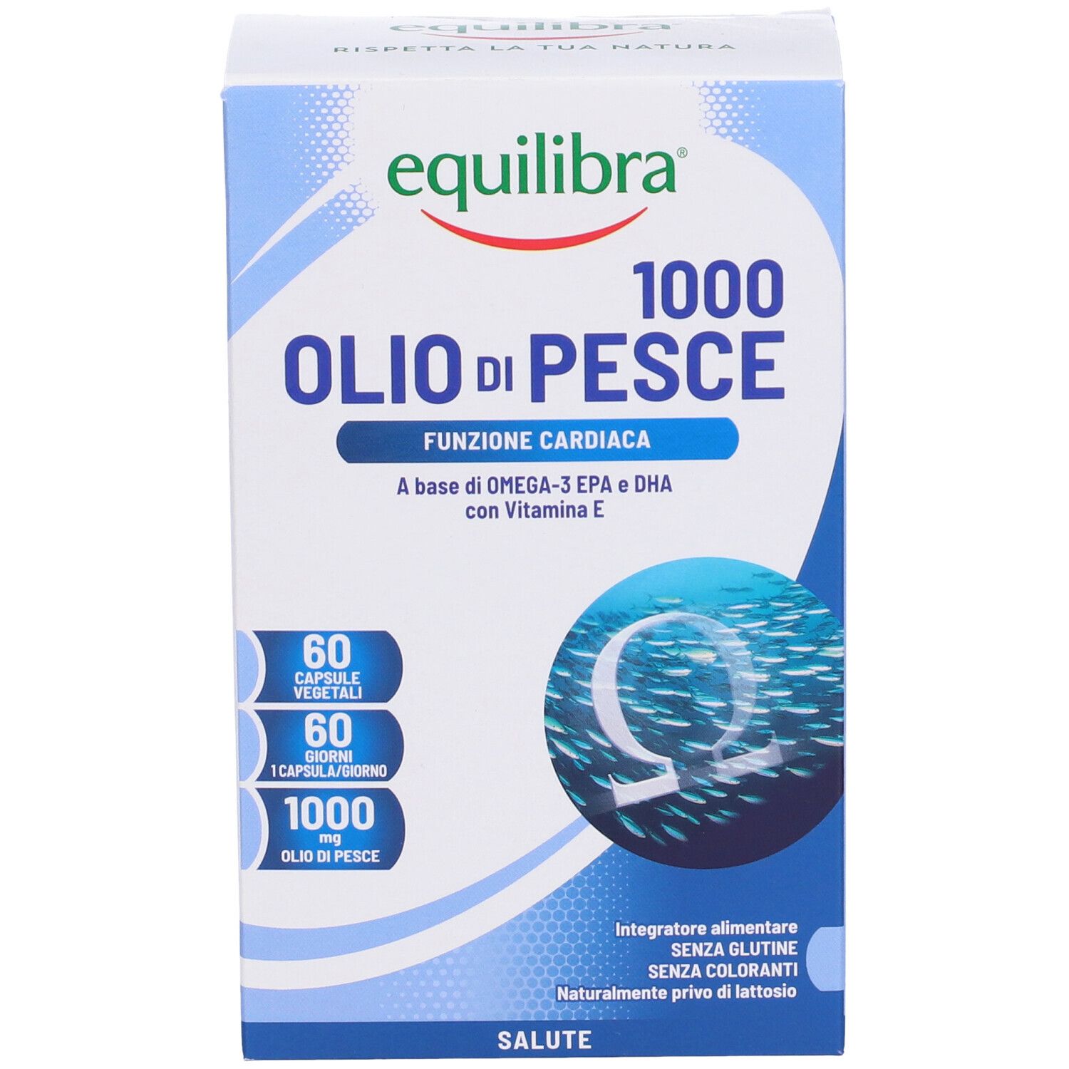 Confezione di Equilibra® Olio di Pesce 1000. Scatola blu con nome del prodotto e illustrazione di pesci.