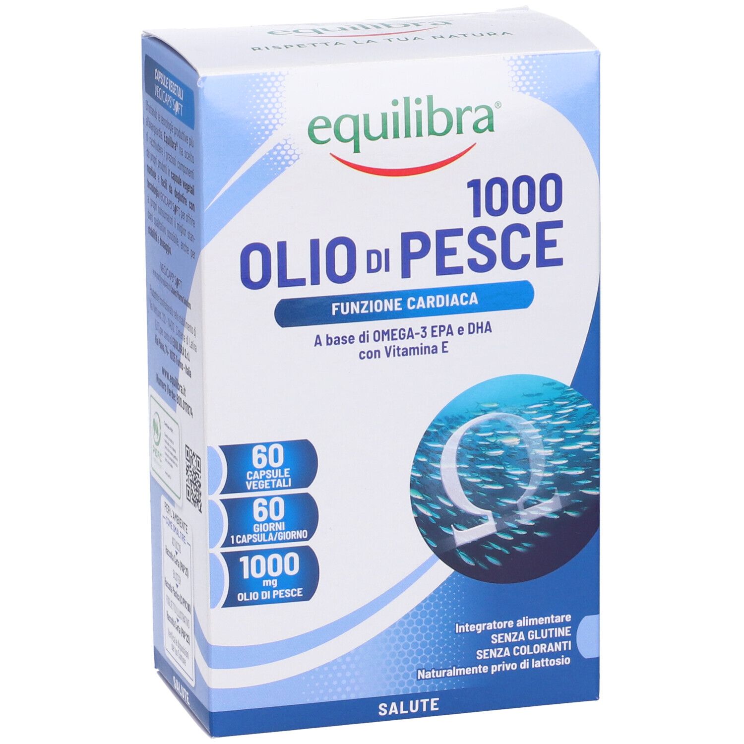 Confezione di Equilibra® Olio di Pesce 1000. Scatola blu con nome del prodotto e illustrazione di pesci.