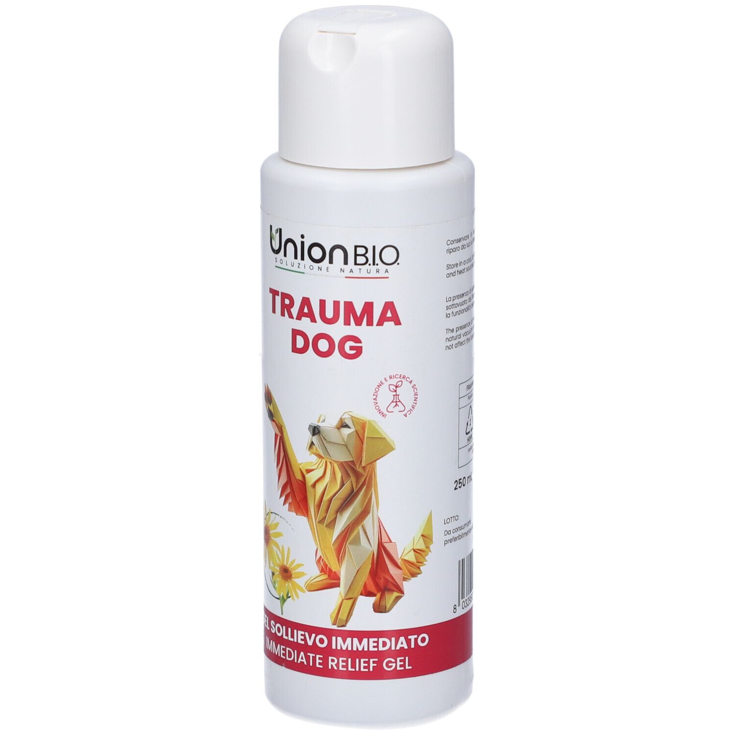 Flacone bianco con tappo bianco. Scritta: TRAUMA DOG, logo Union B.I.O. Illustrazione di un cane e girasoli. Striscia rossa in basso.
