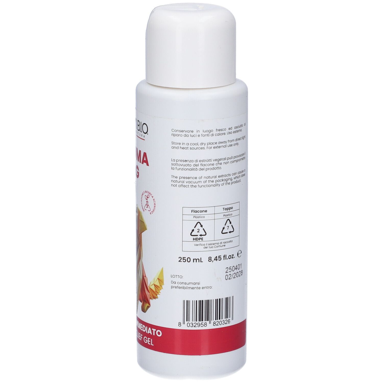 Retro del flacone bianco. Testo in italiano. Volume: 250 ml. Simboli di riciclaggio. Codice a barre e numero di lotto.