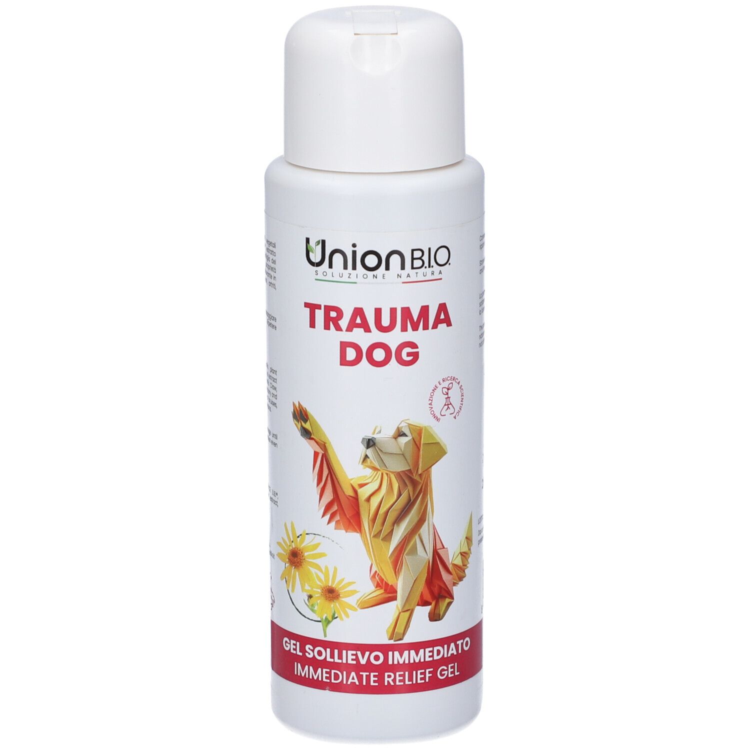 Flacone bianco con tappo bianco. Scritta: TRAUMA DOG, logo Union B.I.O. Illustrazione di un cane e girasoli. Striscia rossa in basso.