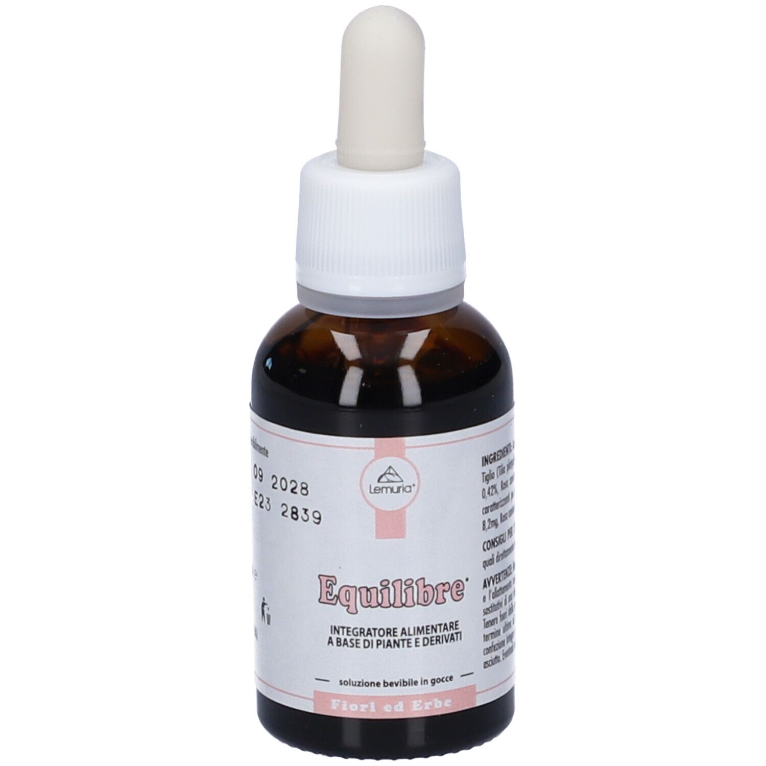 Flacone di vetro marrone con tappo bianco e contagocce. Etichetta con nome del prodotto e ingredienti. Gocce.