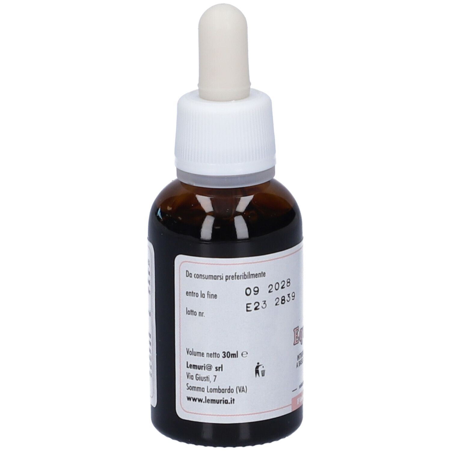 Flacone di vetro marrone con tappo bianco e contagocce. Etichetta con nome del prodotto e data di scadenza. Gocce.