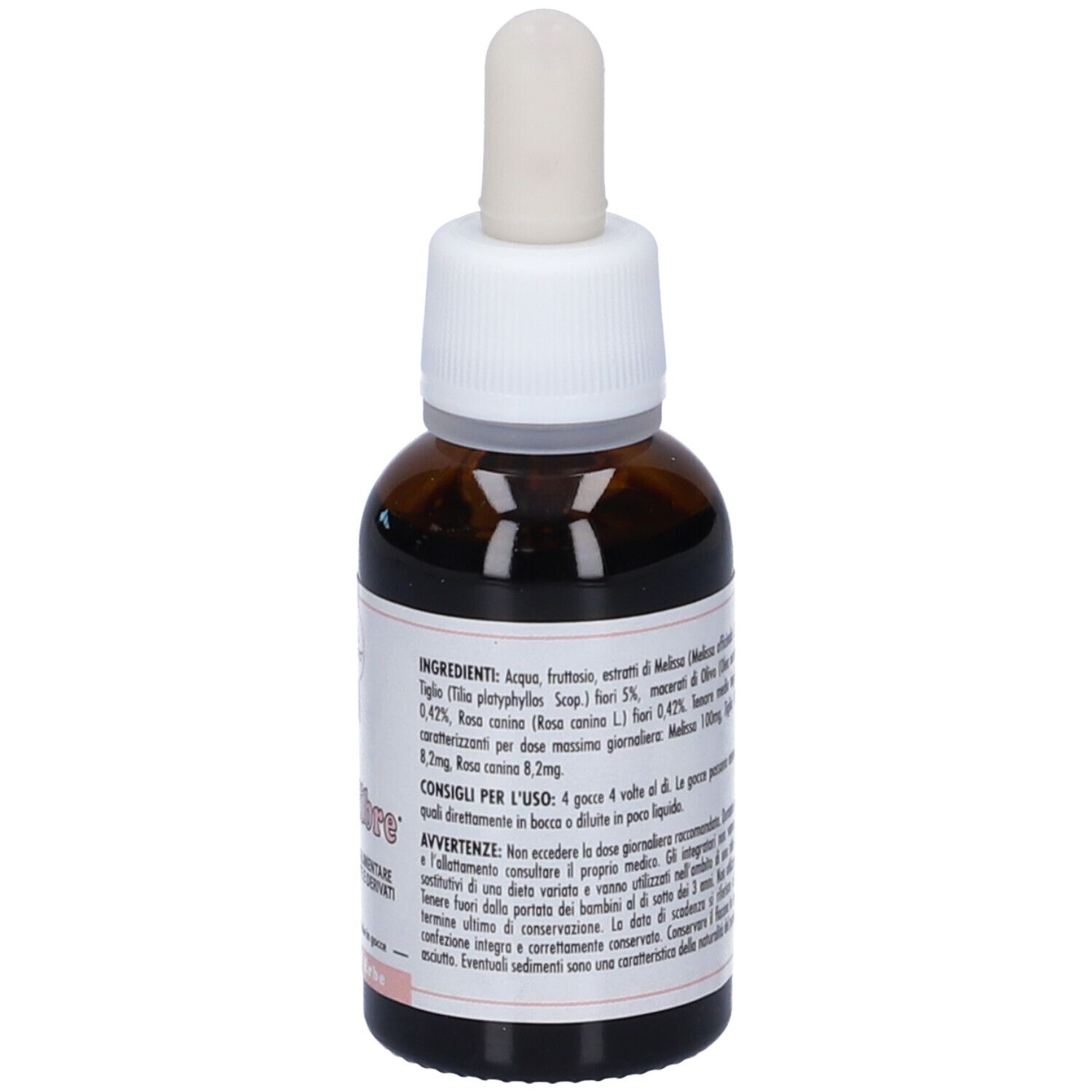 Flacone di vetro marrone con tappo bianco e contagocce. Etichetta con nome del prodotto e ingredienti. Gocce.