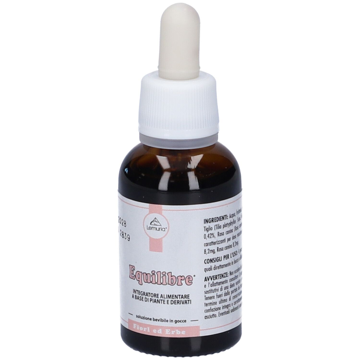 Flacone di vetro marrone con tappo bianco e contagocce. Etichetta con nome del prodotto e ingredienti. Gocce.