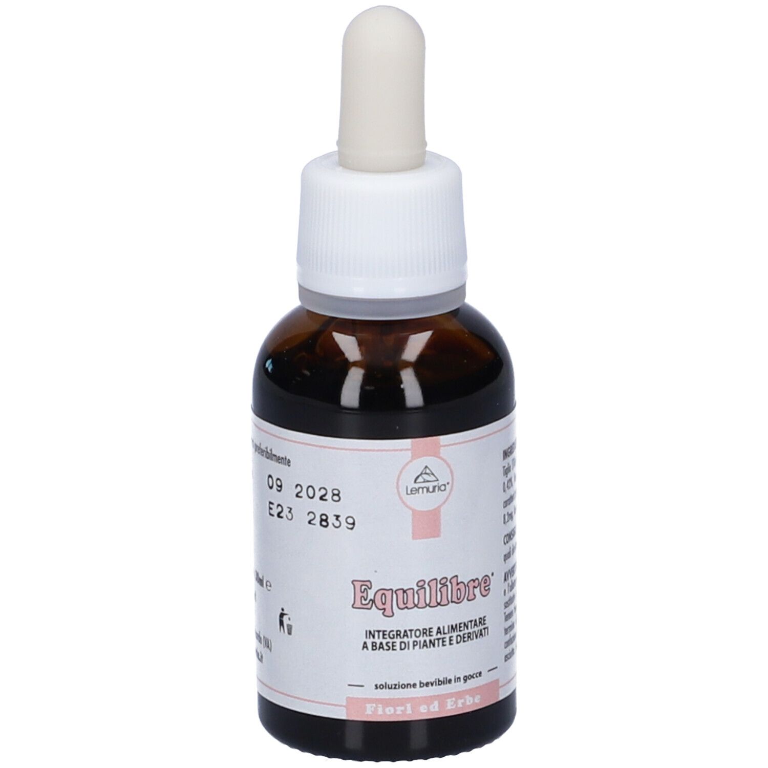 Flacone di vetro marrone con tappo bianco e contagocce. Etichetta con nome del prodotto e ingredienti. Gocce.