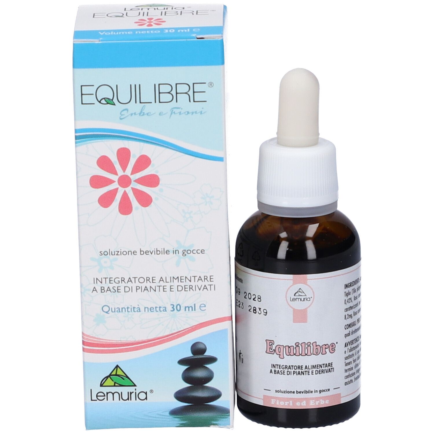 Flacone e confezione del prodotto. Flacone di vetro marrone con tappo bianco e contagocce. Scatola con nome del prodotto.