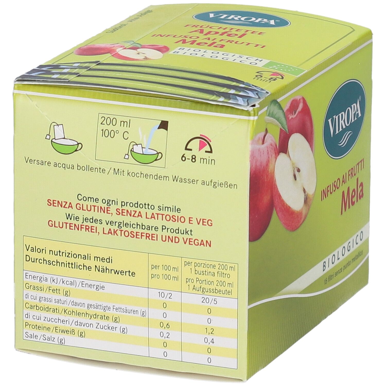 Confezione di Viropa Infuso Ai Frutti Mela Bio Filtri. Informazioni nutrizionali. Istruzioni: 200 ml acqua, 100°C, 6-8 min.