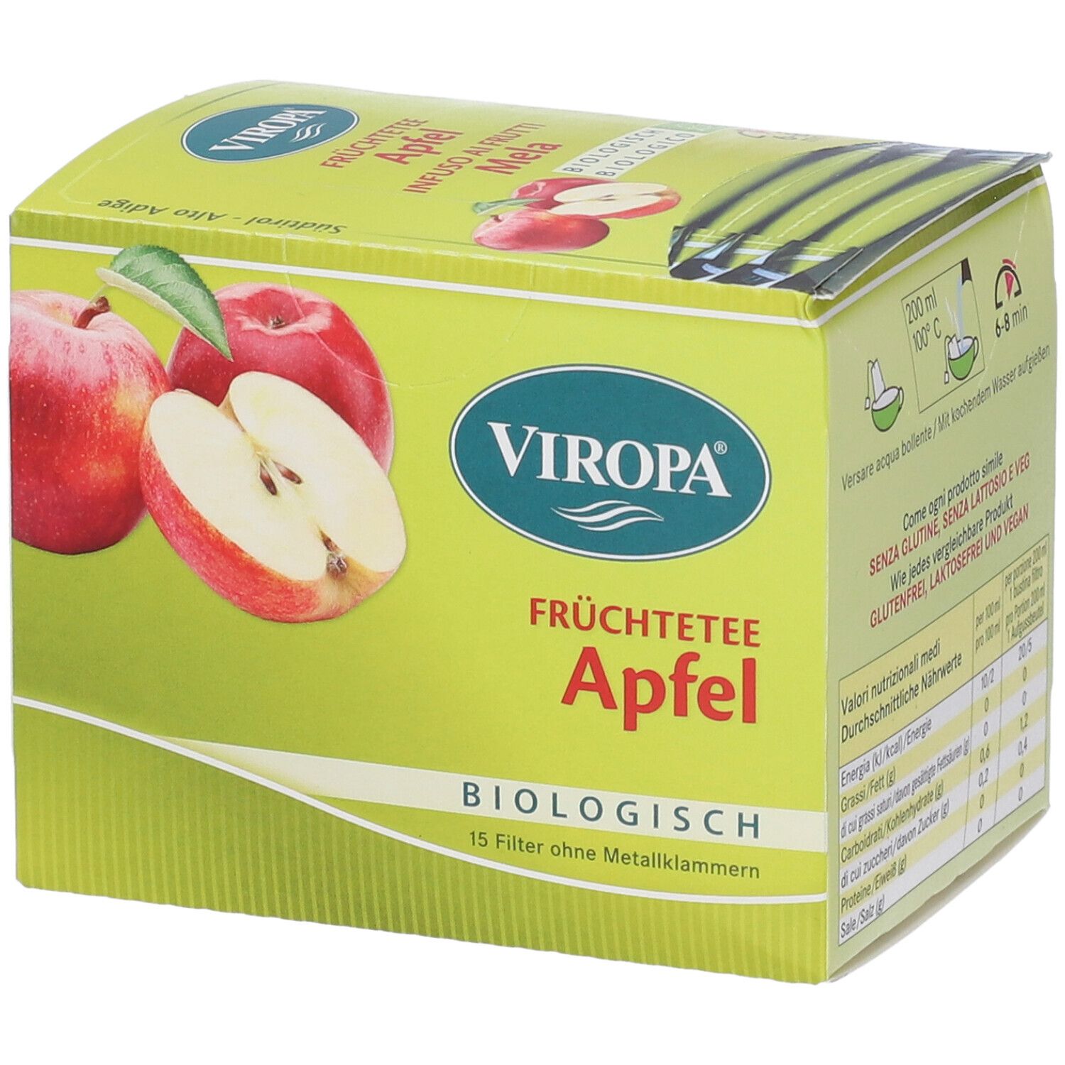 Confezione di Viropa Früchtetee Apfel. Immagini di mele. Testo: Biologico, 15 filtri senza graffetta. Informazioni nutrizionali sul retro.