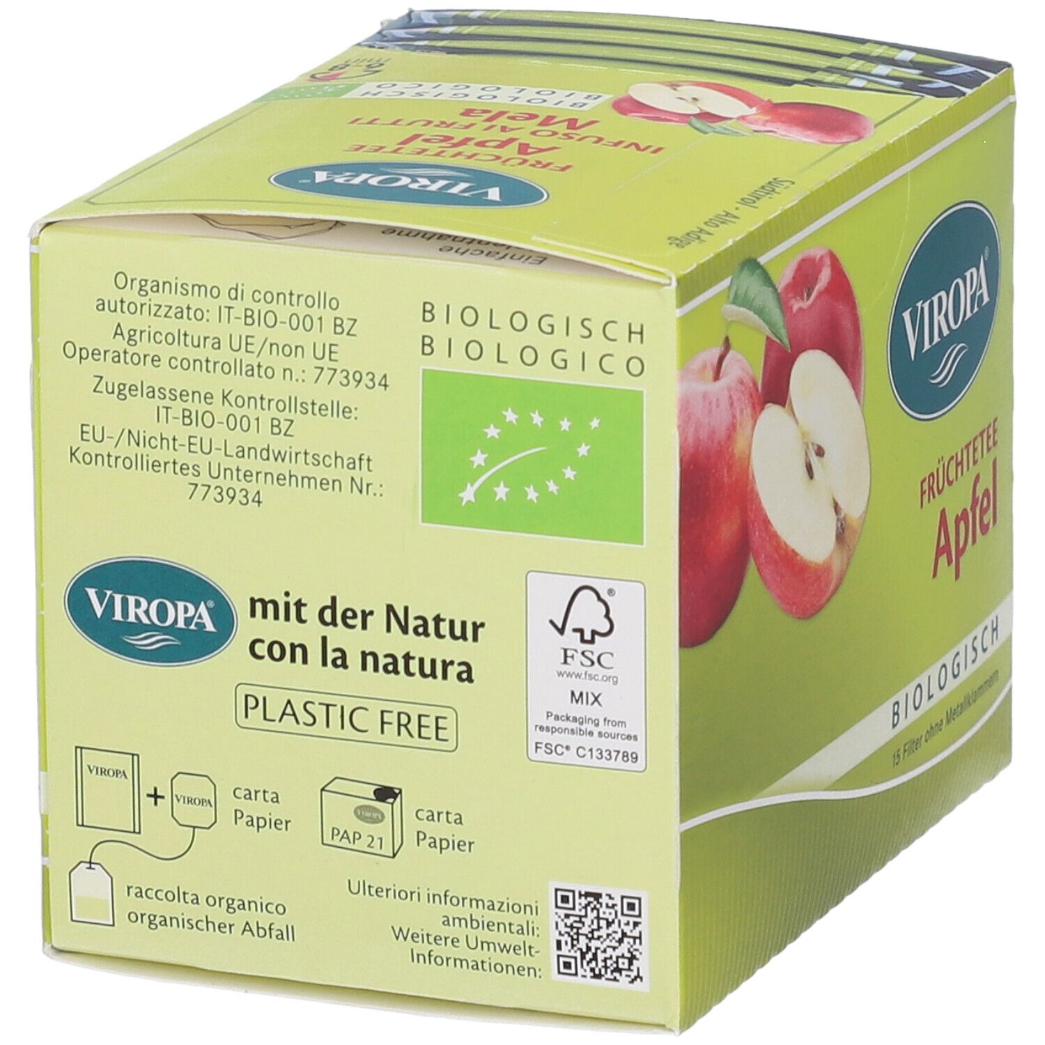 Retro della confezione Viropa Früchtetee Apfel. Testo: Biologico, marchio FSC, logo bio UE. Informazioni di controllo.