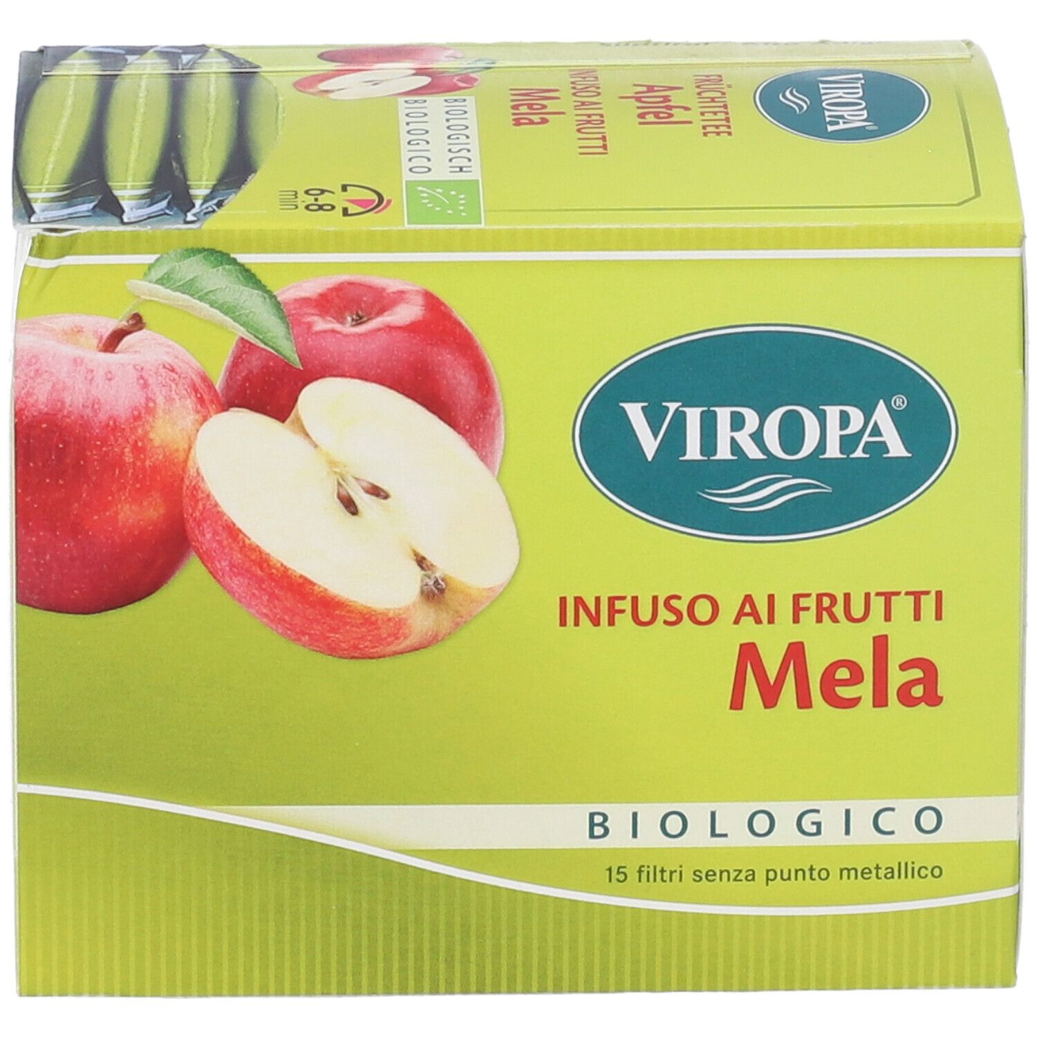 Confezione di Viropa Infuso Ai Frutti Mela Bio Filtri. Immagini di mele. Testo: Biologico, 15 filtri senza punto metallico.