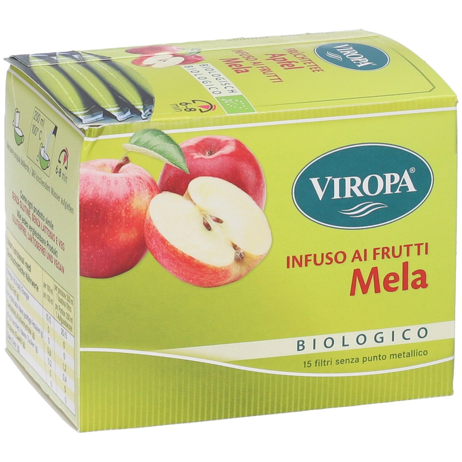 Confezione di Viropa Infuso Ai Frutti Mela Bio Filtri. Immagini di mele. Testo: Biologico, 15 filtri senza punto metallico.