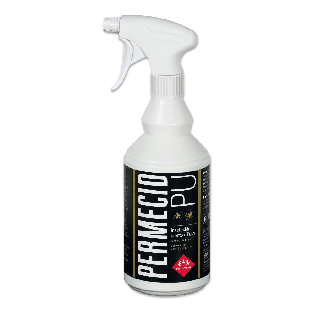Flacone spray bianco con etichetta nera. Scritta: PERMECID PU. Testina spray e flacone bianchi.