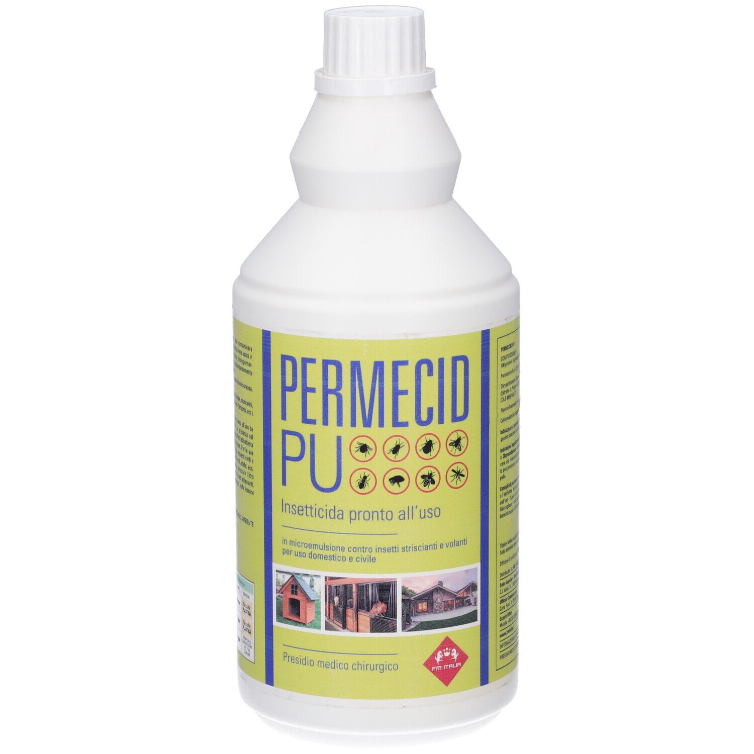 Flacone bianco con etichetta gialla. Scritta: PERMECID PU. Illustrazioni di insetti. Tappo a vite.