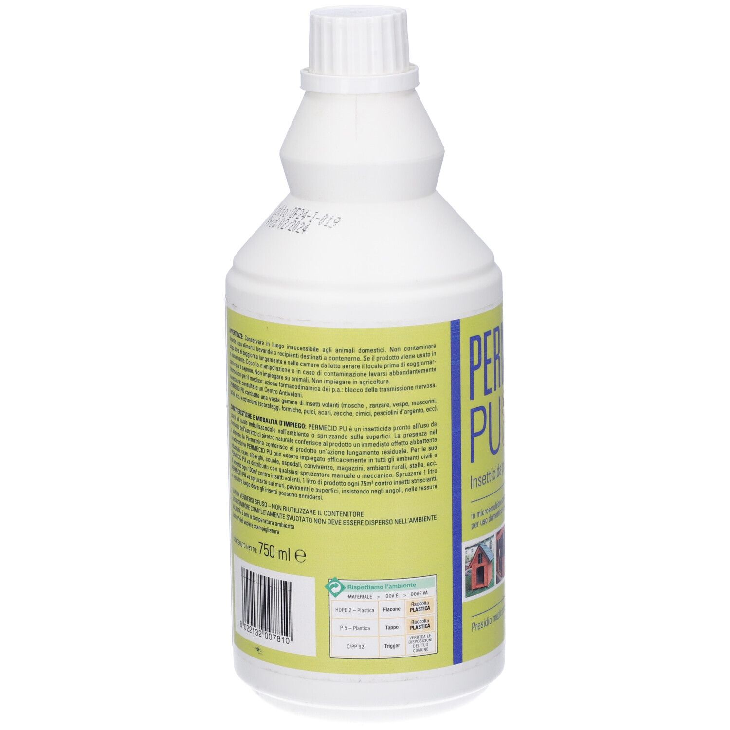 Flacone bianco con etichetta gialla. Scritta: PERMECID PU. Retro con testo e codice a barre. Tappo a vite.