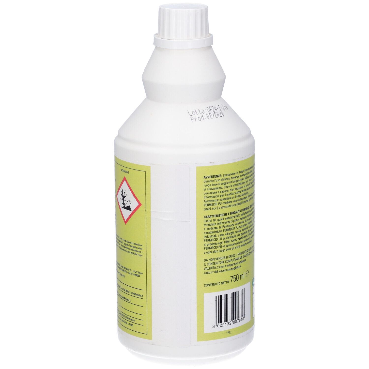 Flacone bianco con etichetta gialla. Scritta: PERMECID PU. Retro con testo e simbolo di pericolo. Tappo a vite.