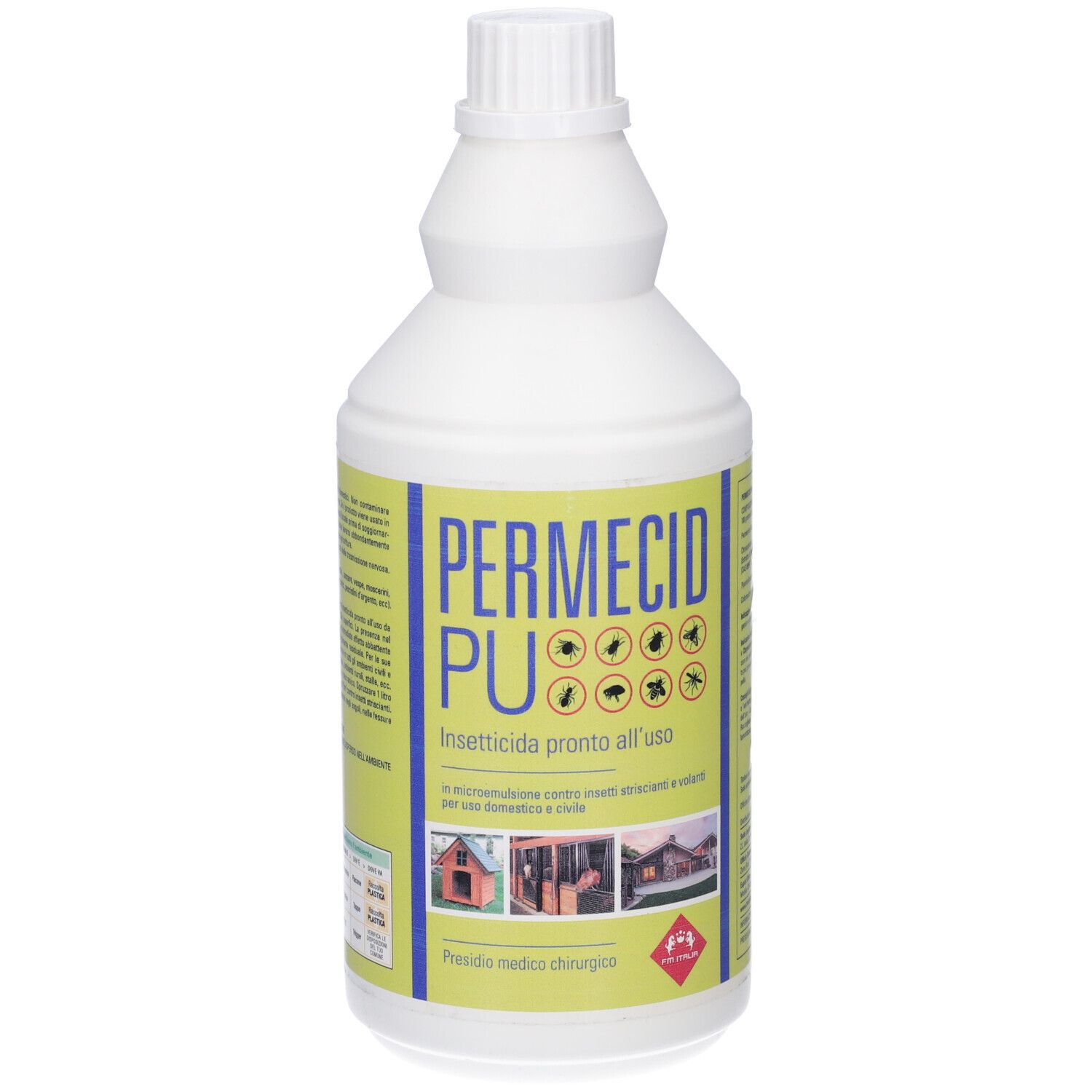 Flacone bianco con etichetta gialla. Scritta: PERMECID PU. Illustrazioni di insetti. Tappo a vite.