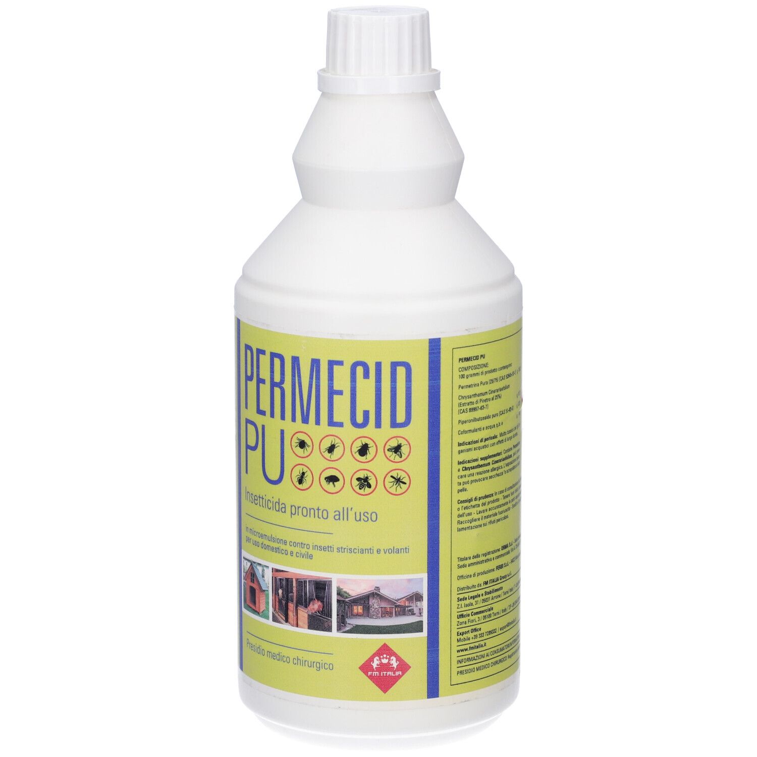 Flacone bianco con etichetta gialla. Scritta: PERMECID PU. Illustrazioni di insetti. Tappo a vite.
