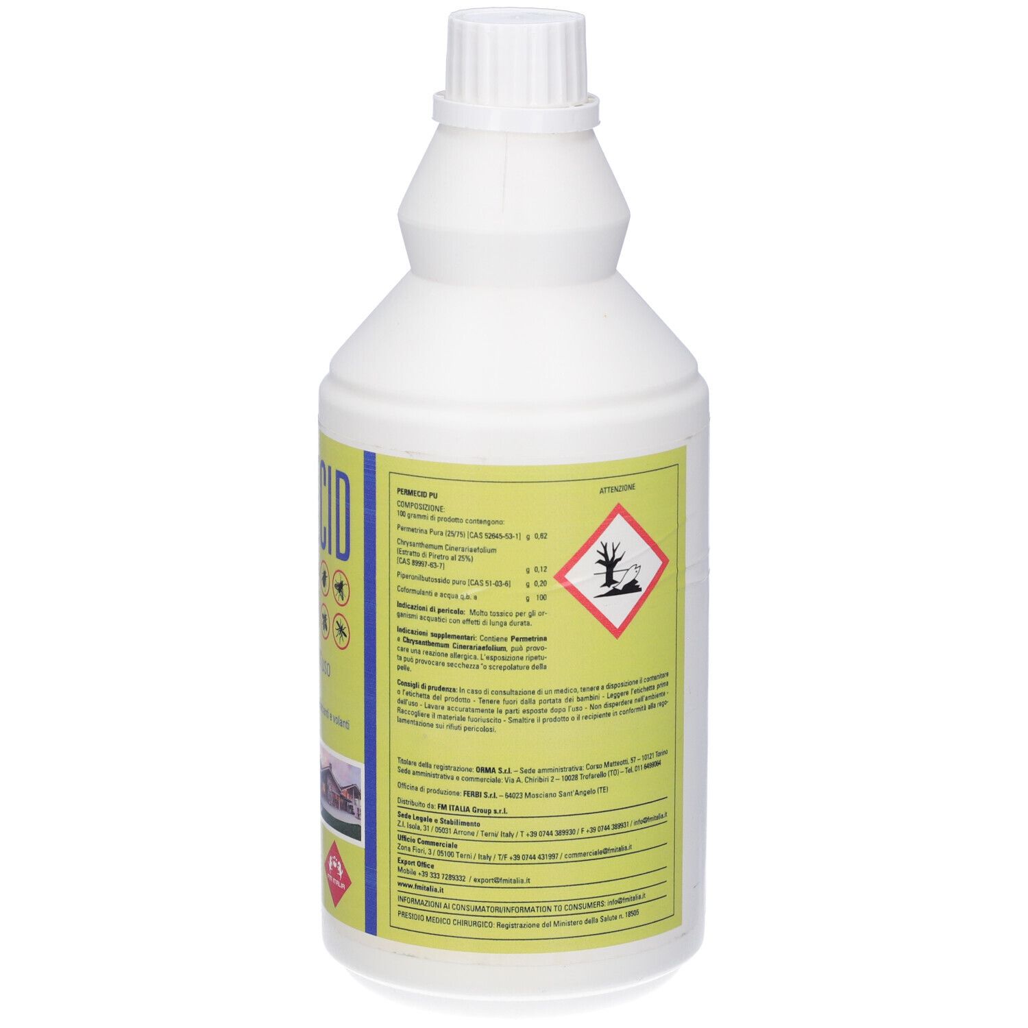 Flacone bianco con etichetta gialla. Scritta: PERMECID PU. Retro con testo e simbolo di pericolo. Tappo a vite.
