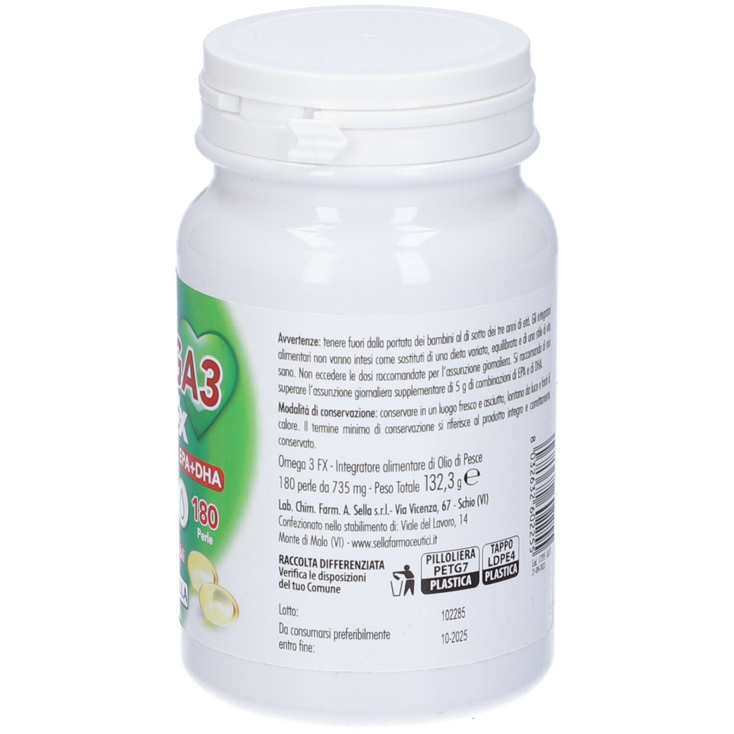 Flacone bianco, vista posteriore. Informazioni testuali ed etichetta verde con Omega3 FX. Simbolo riciclo.