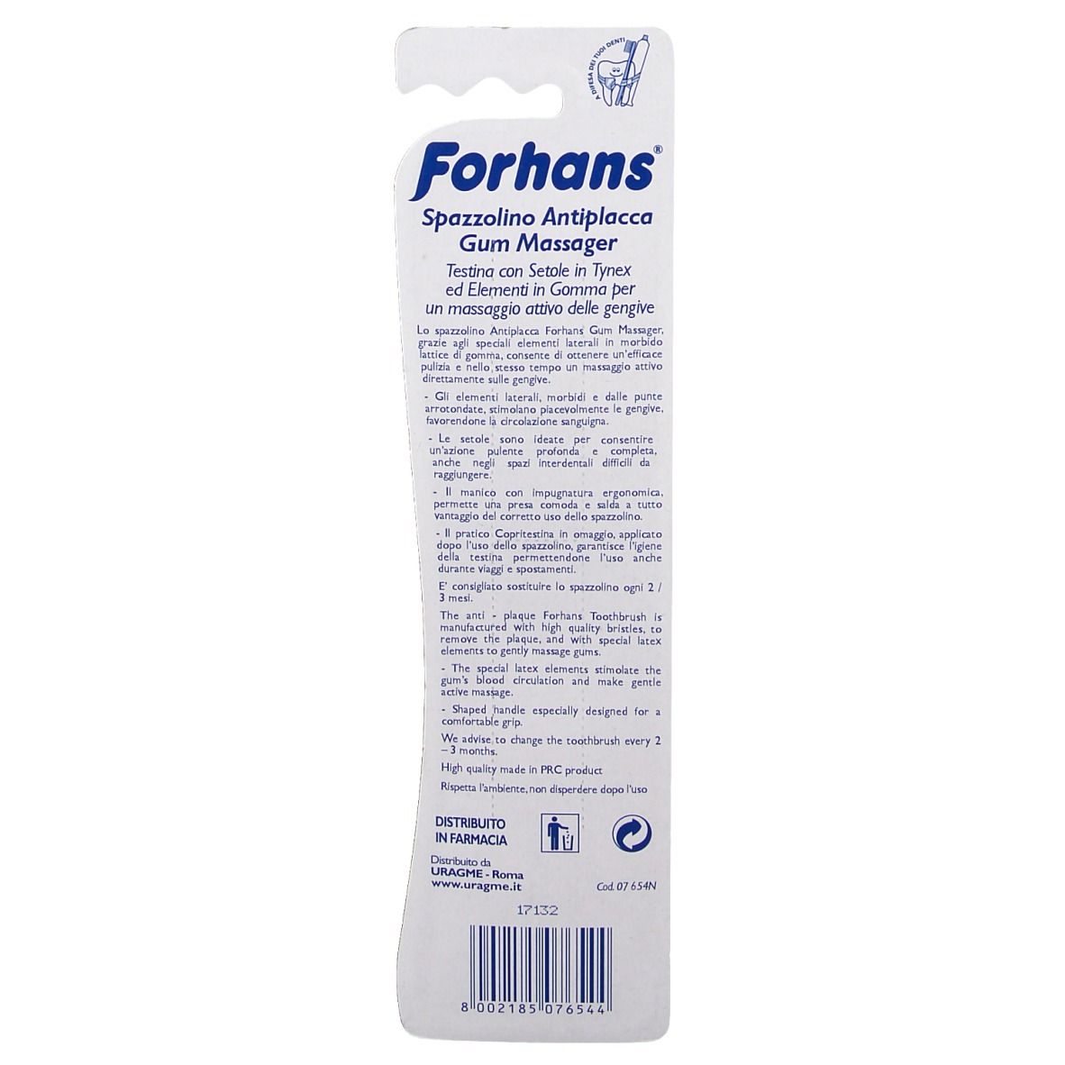 Retro della confezione. Testo in italiano. Nome del prodotto e logo in alto.